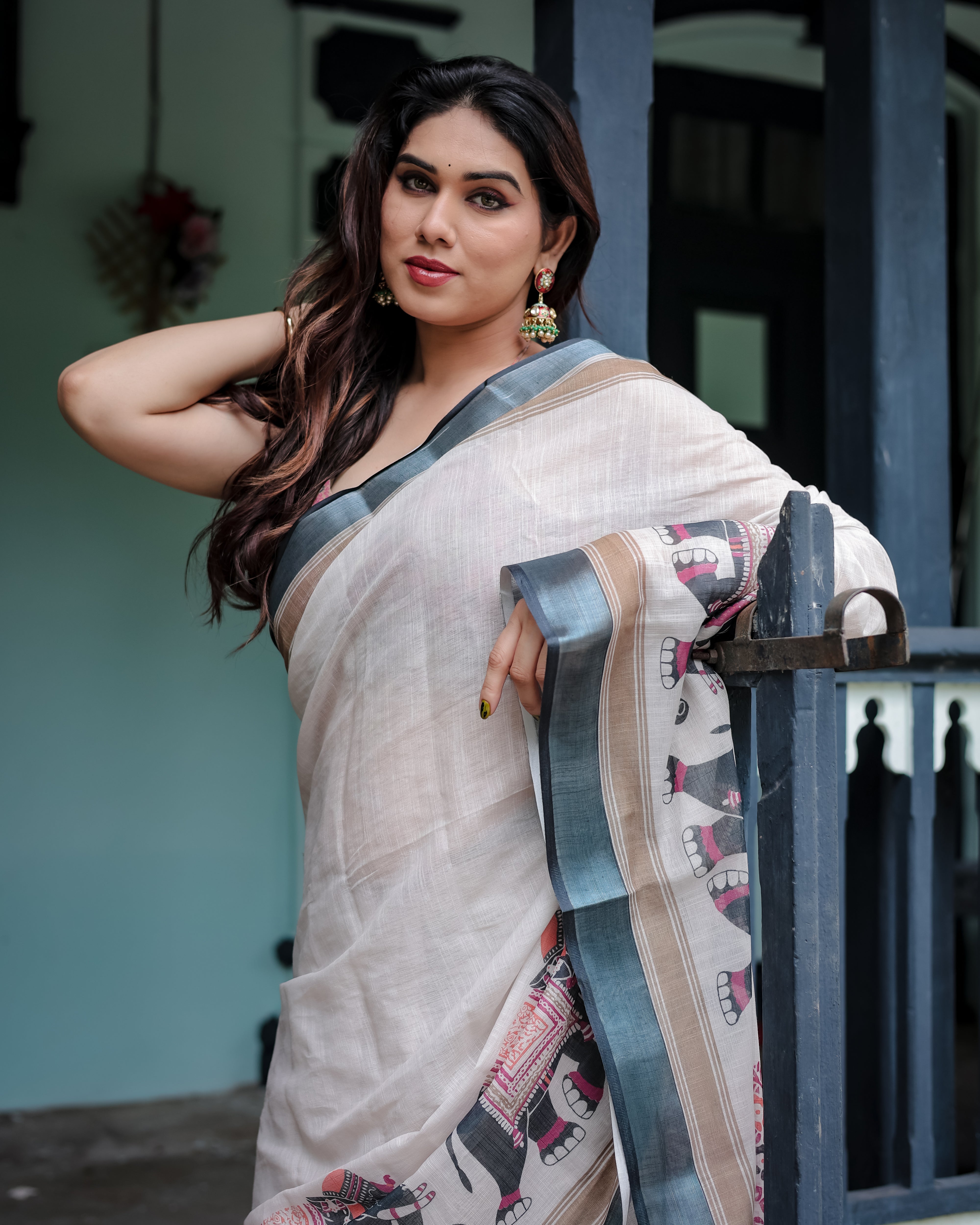 Ivory Pure Cotton Linen Saree with Elephant Print Border