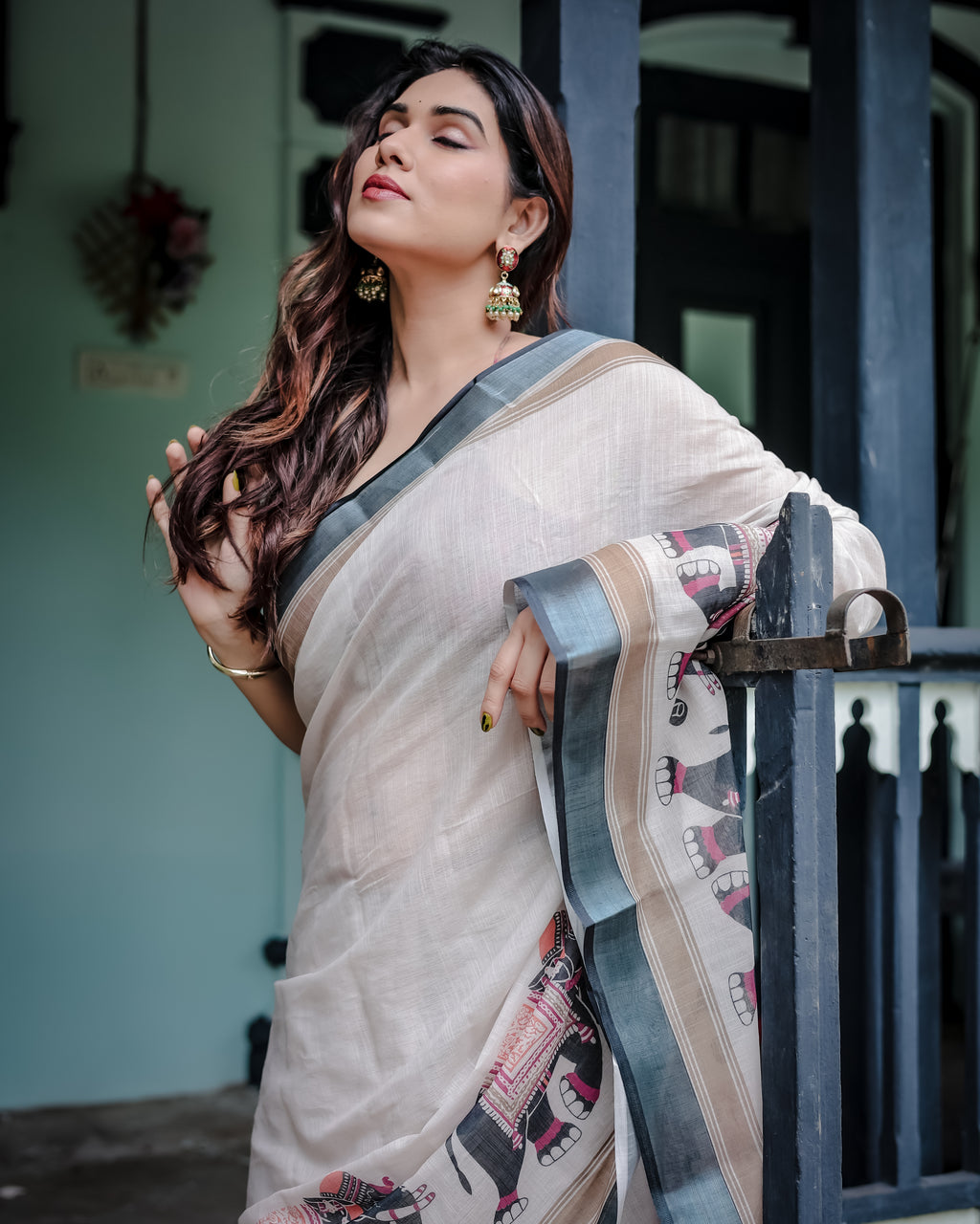 Ivory Pure Cotton Linen Saree with Elephant Print Border