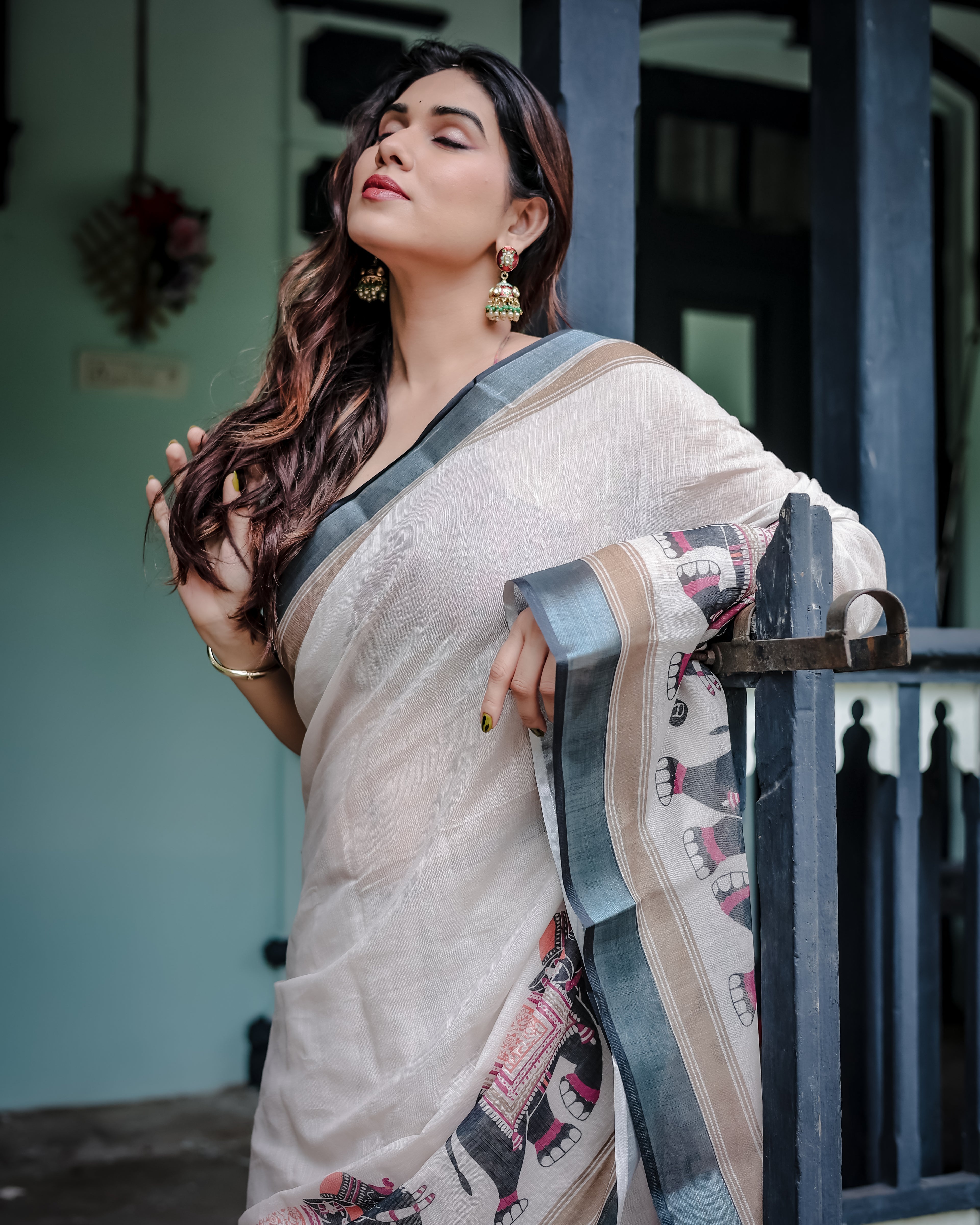 Ivory Pure Cotton Linen Saree with Elephant Print Border