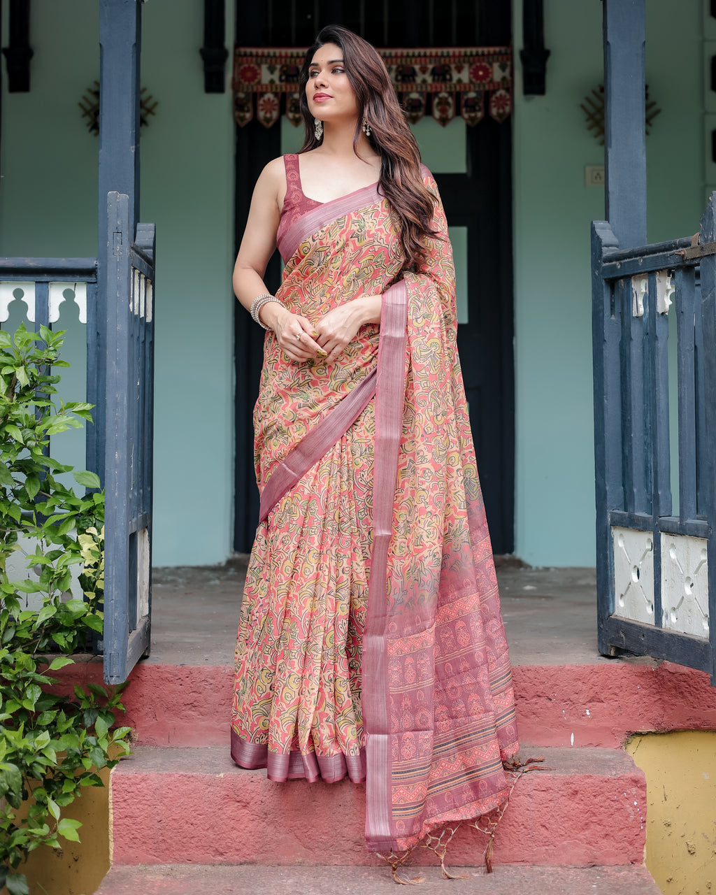 Beige and Rust Pure Cotton Linen Saree with Floral Print