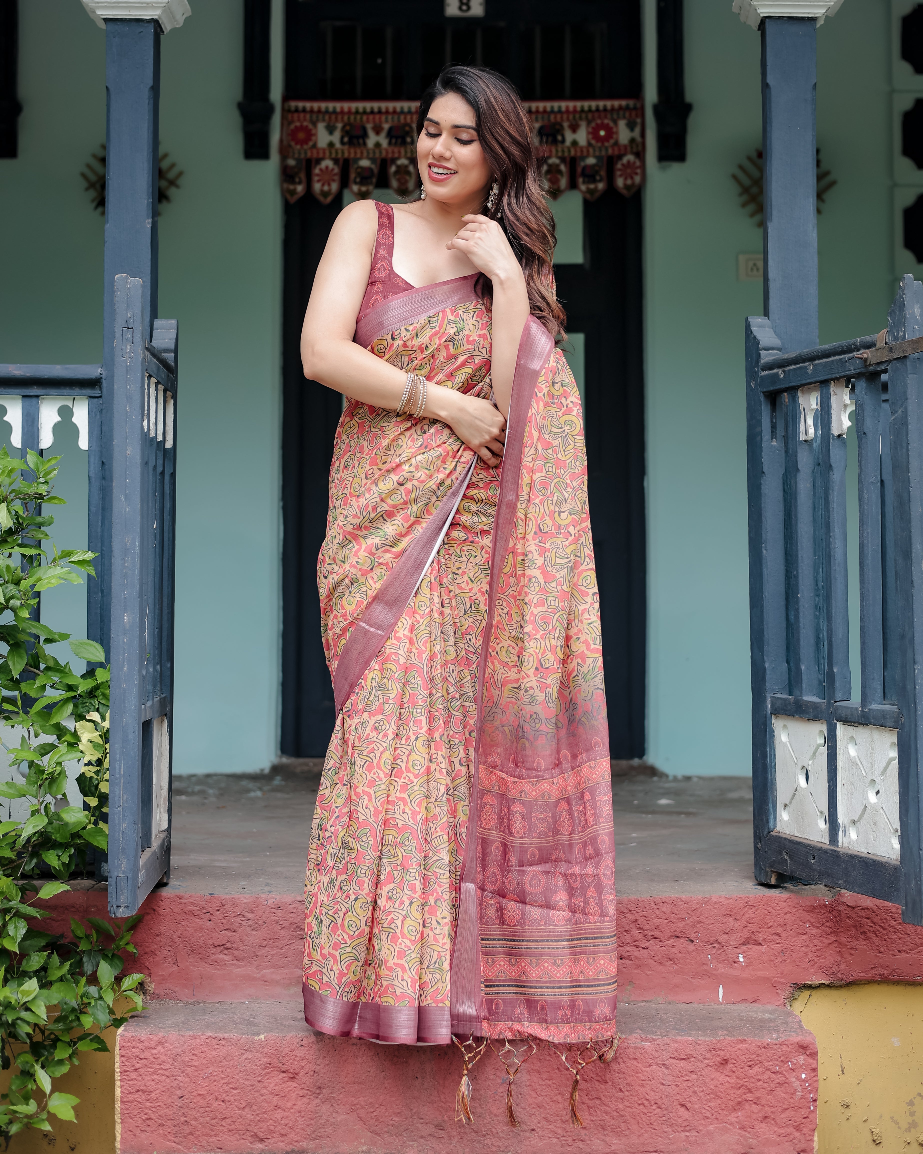 Beige and Rust Pure Cotton Linen Saree with Floral Print