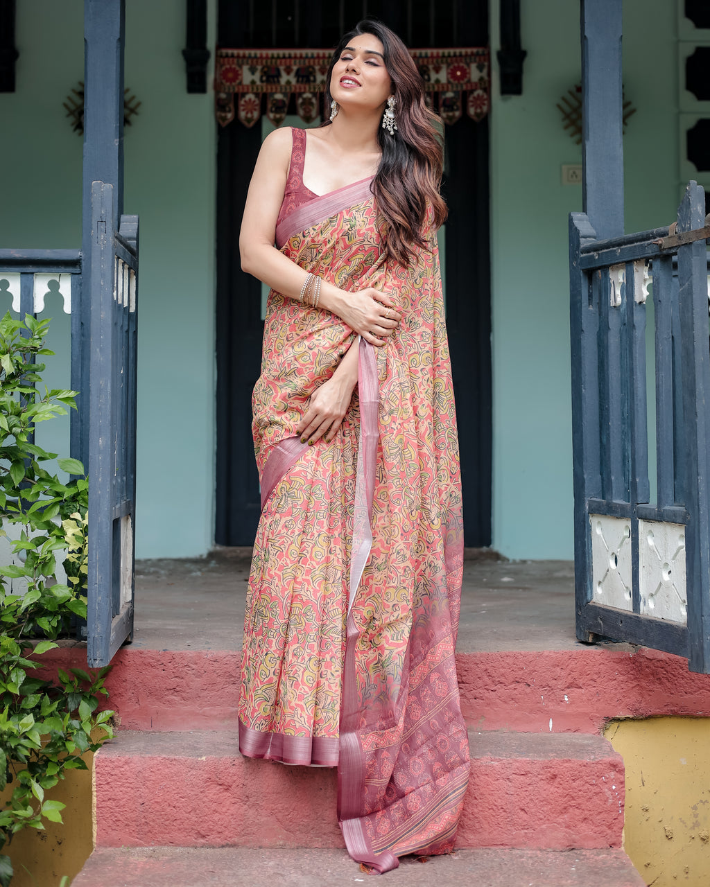 Beige and Rust Pure Cotton Linen Saree with Floral Print