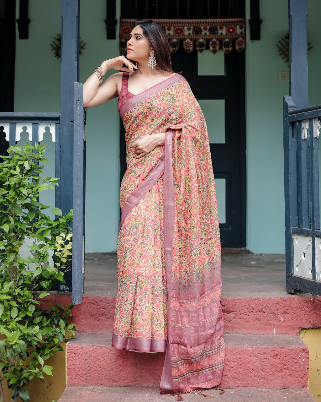 Beige and Rust Pure Cotton Linen Saree with Floral Print