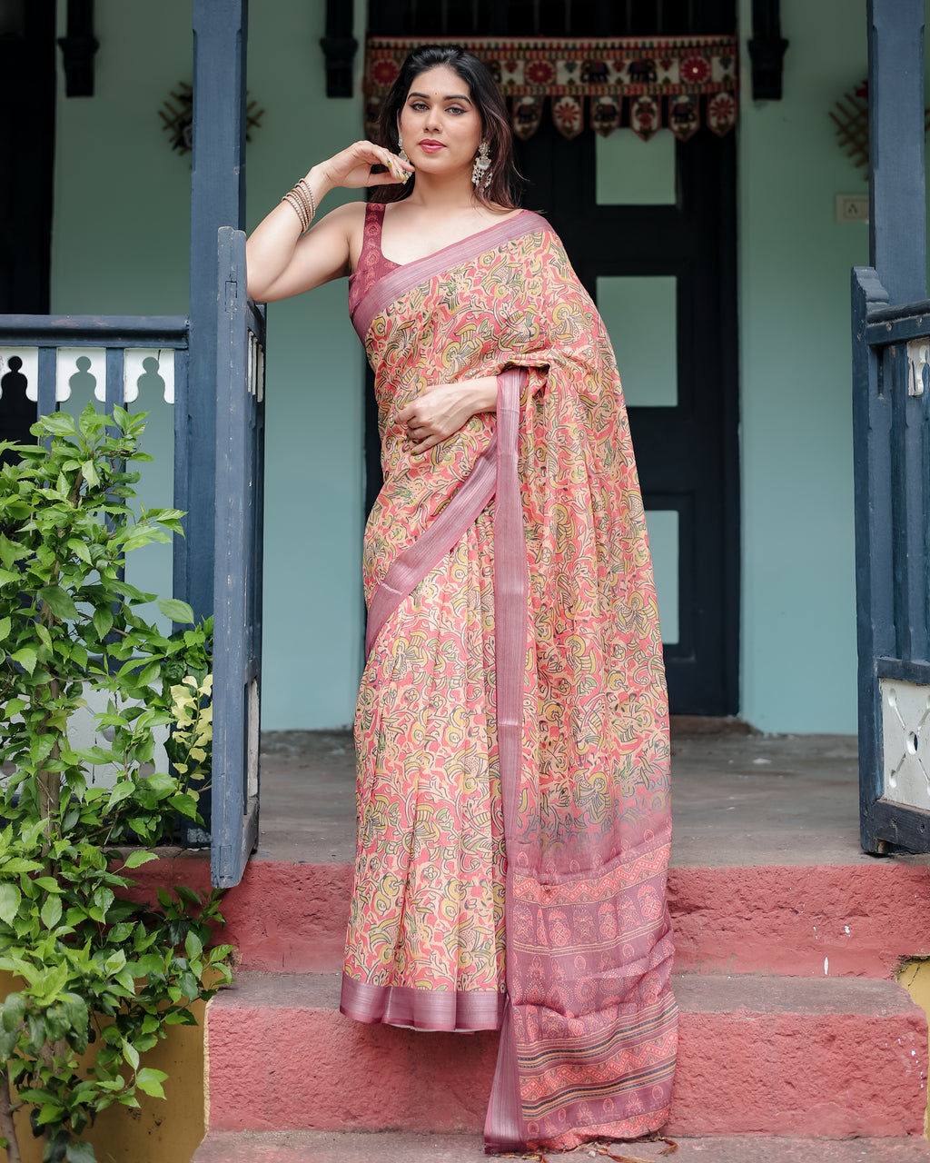 Beige and Rust Pure Cotton Linen Saree with Floral Print