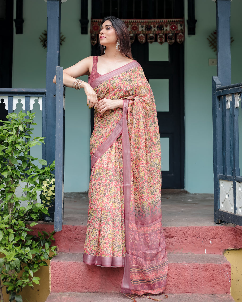 Beige and Rust Pure Cotton Linen Saree with Floral Print