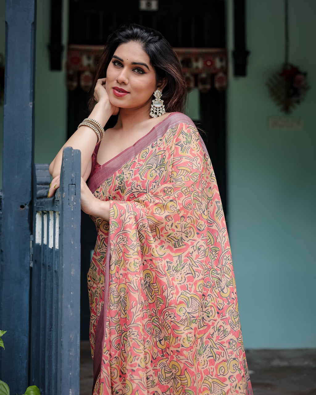 Beige and Rust Pure Cotton Linen Saree with Floral Print