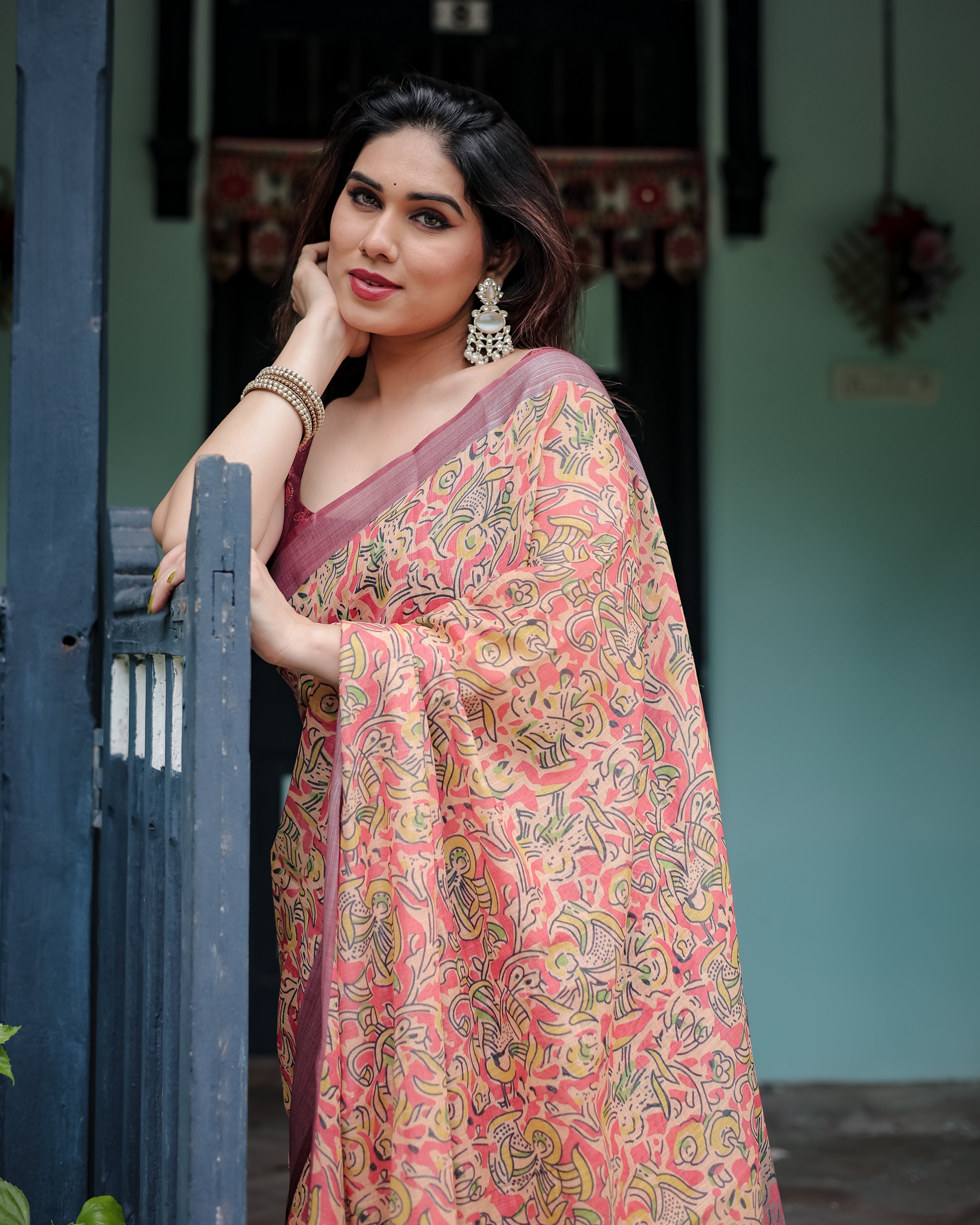 Beige and Rust Pure Cotton Linen Saree with Floral Print