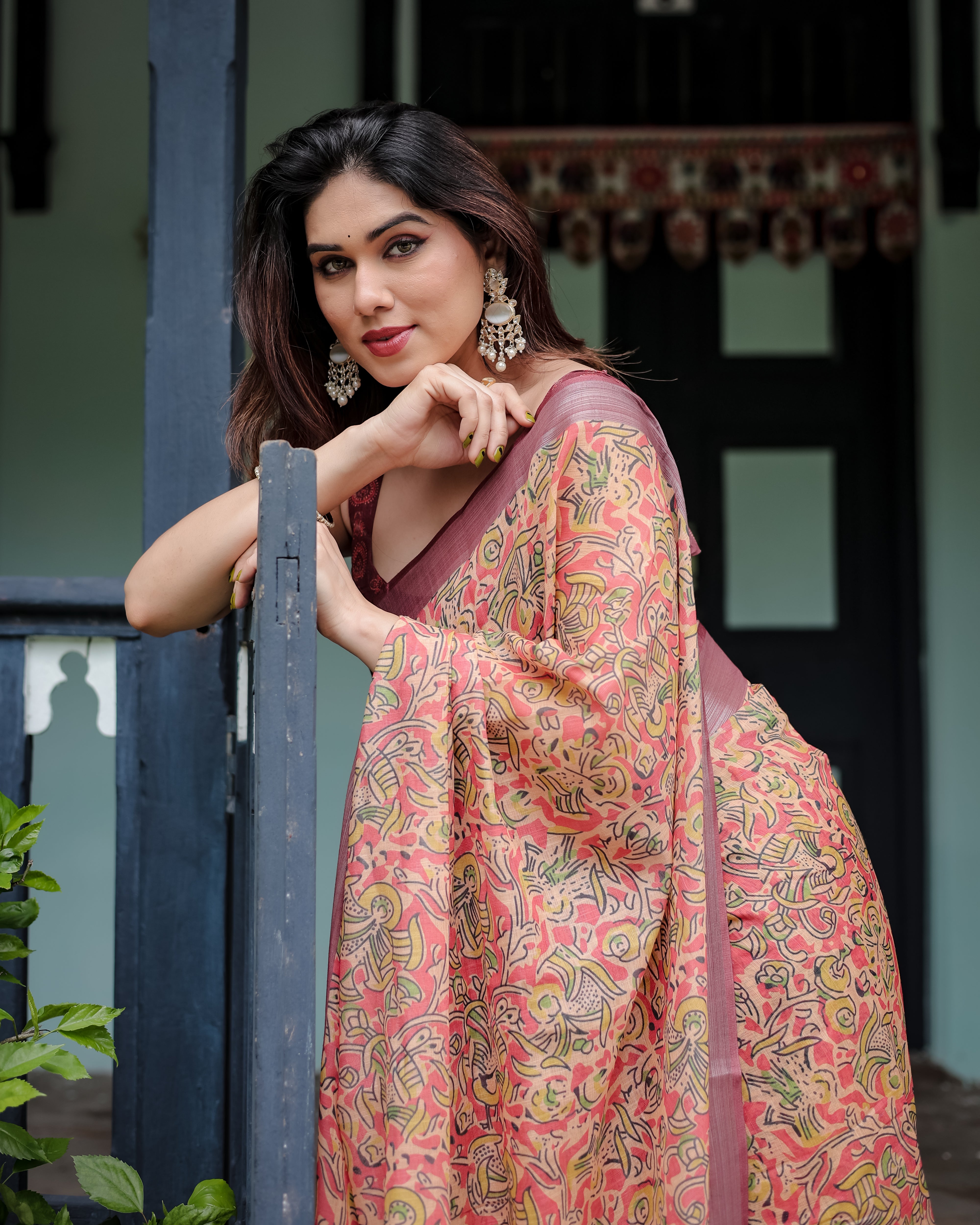 Beige and Rust Pure Cotton Linen Saree with Floral Print