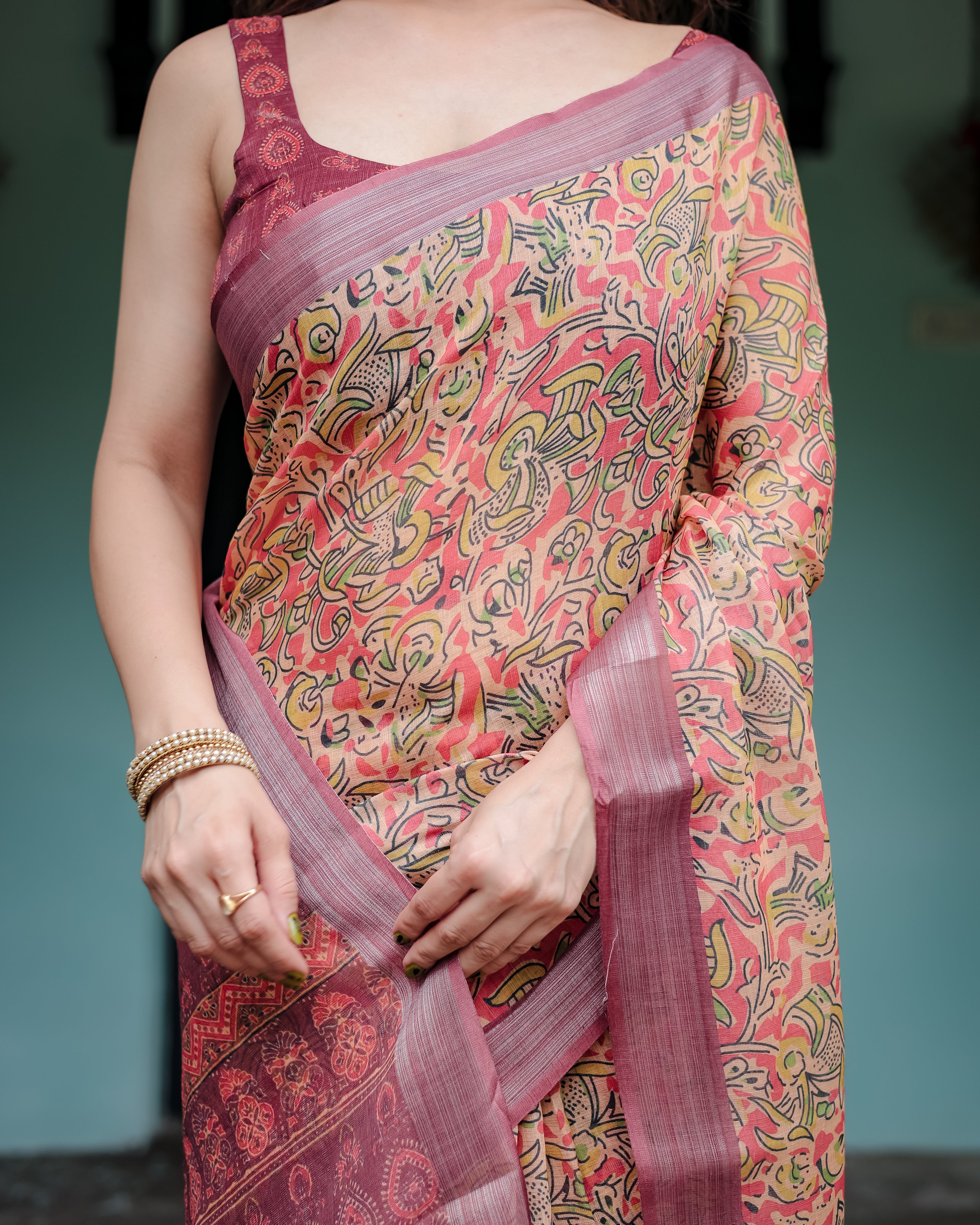 Beige and Rust Pure Cotton Linen Saree with Floral Print