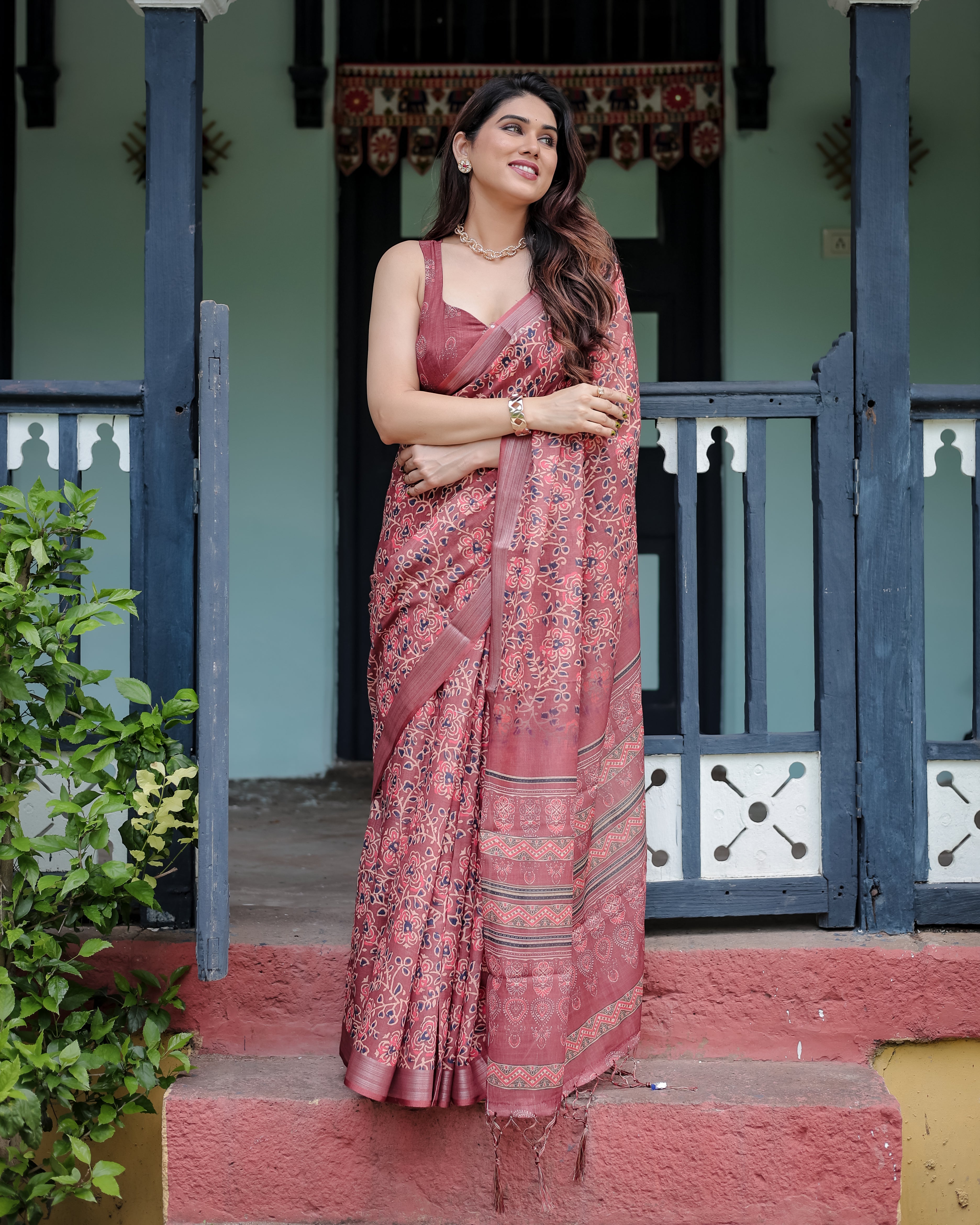 Rust Red Pure Cotton Linen Saree with Abstract Print