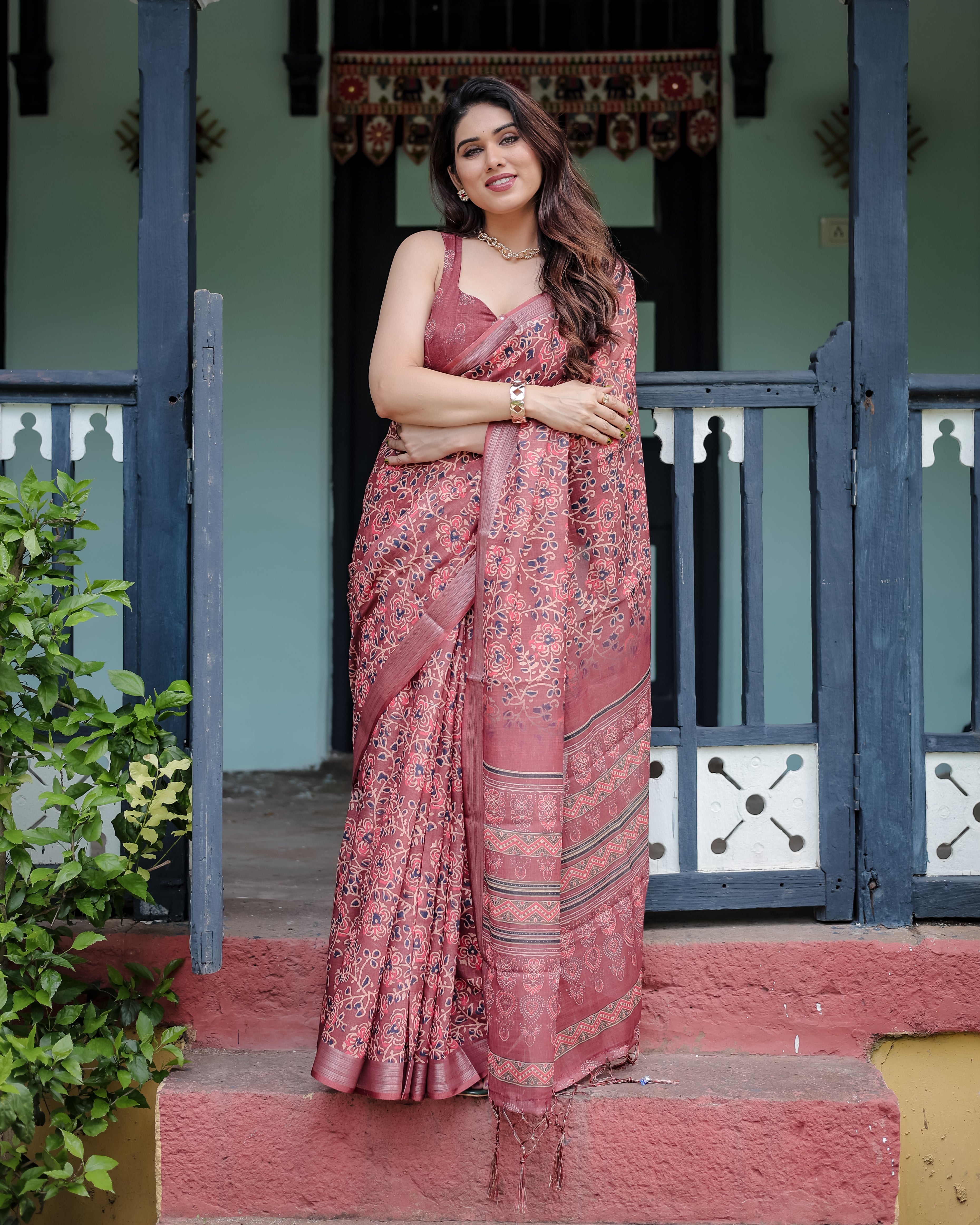 Rust Red Pure Cotton Linen Saree with Abstract Print
