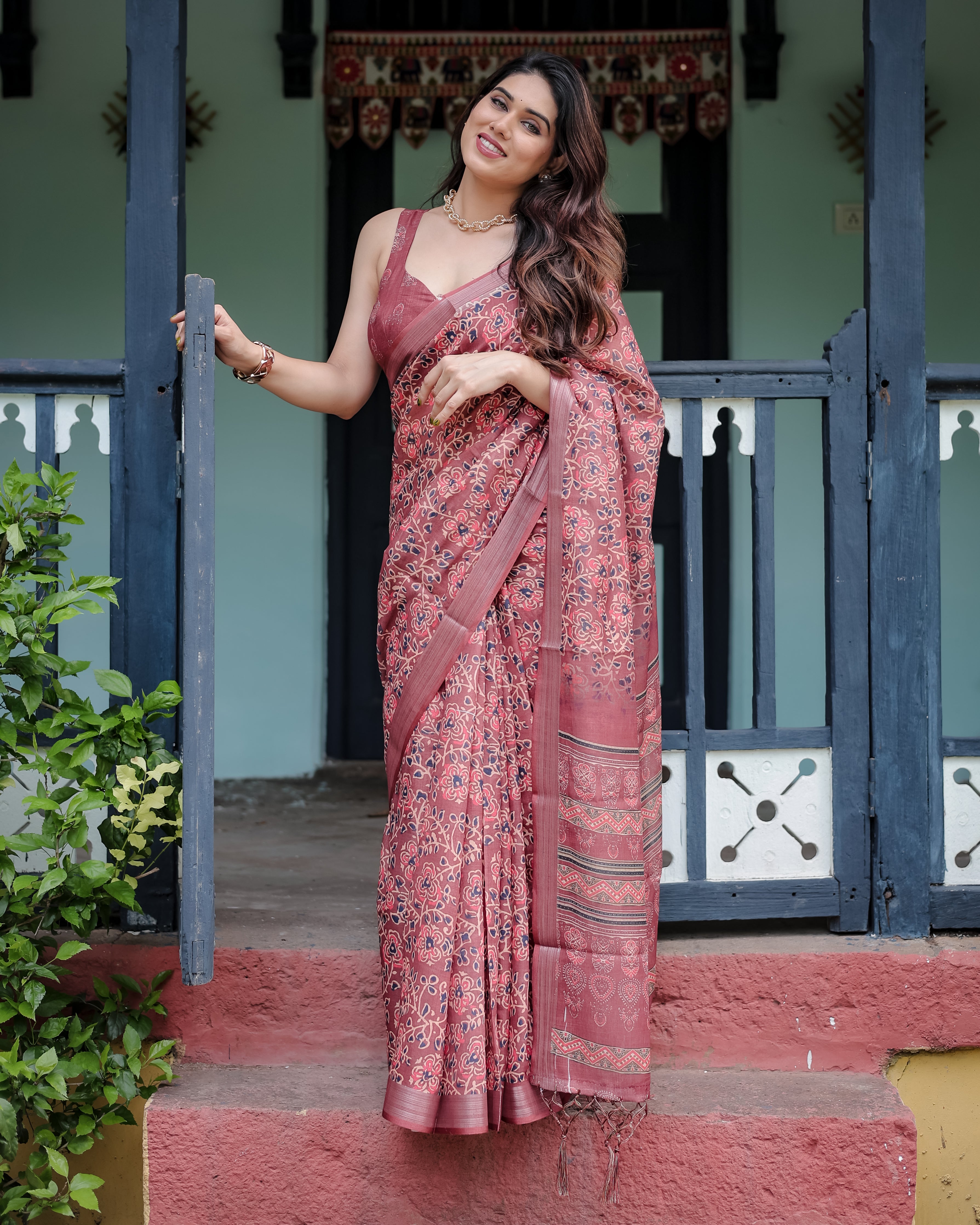 Rust Red Pure Cotton Linen Saree with Abstract Print