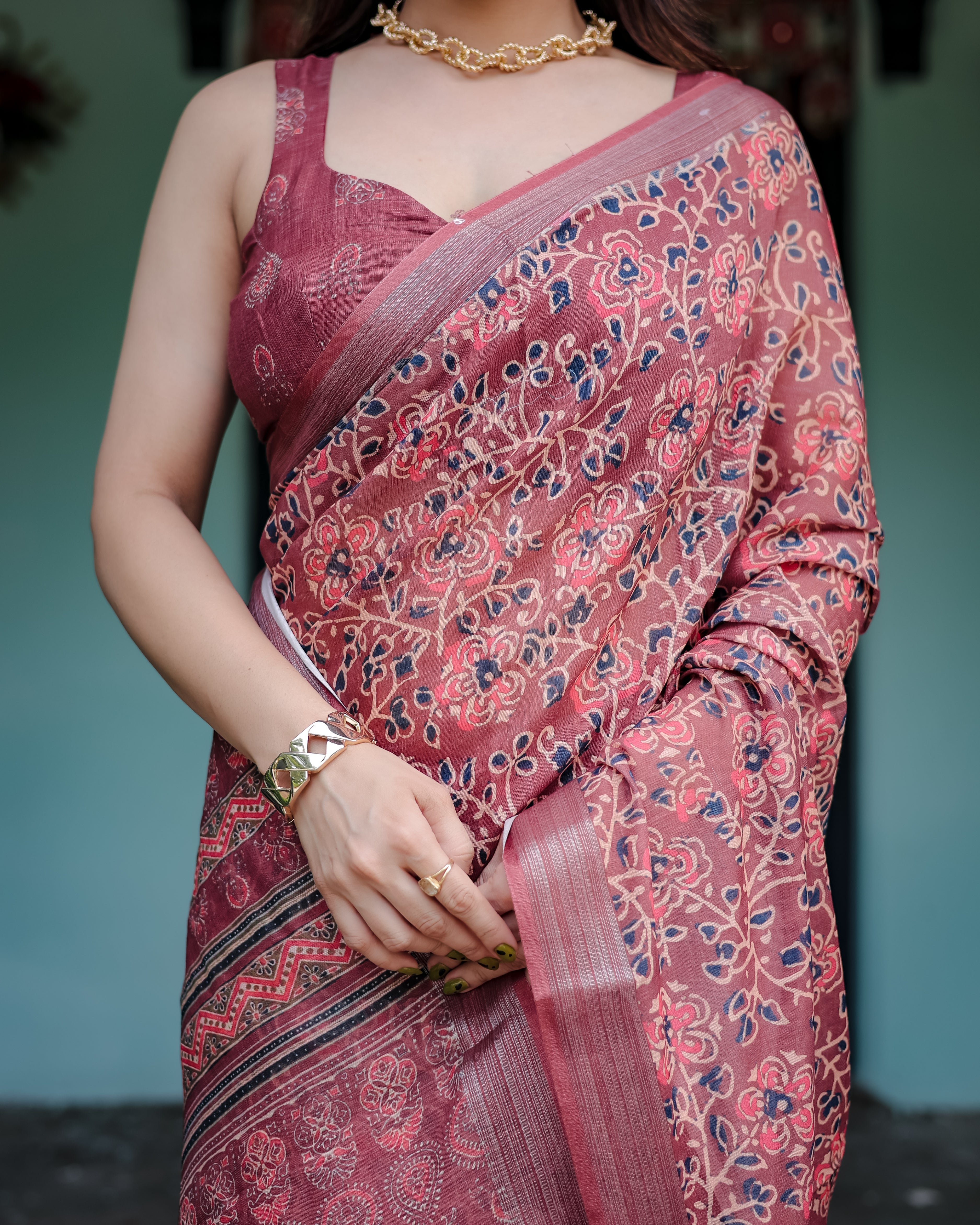 Rust Red Pure Cotton Linen Saree with Abstract Print