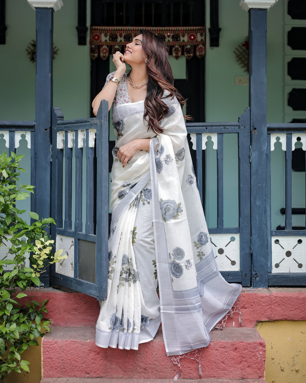 Off White and Grey Pure Cotton Linen Saree Multicolor Floral Print