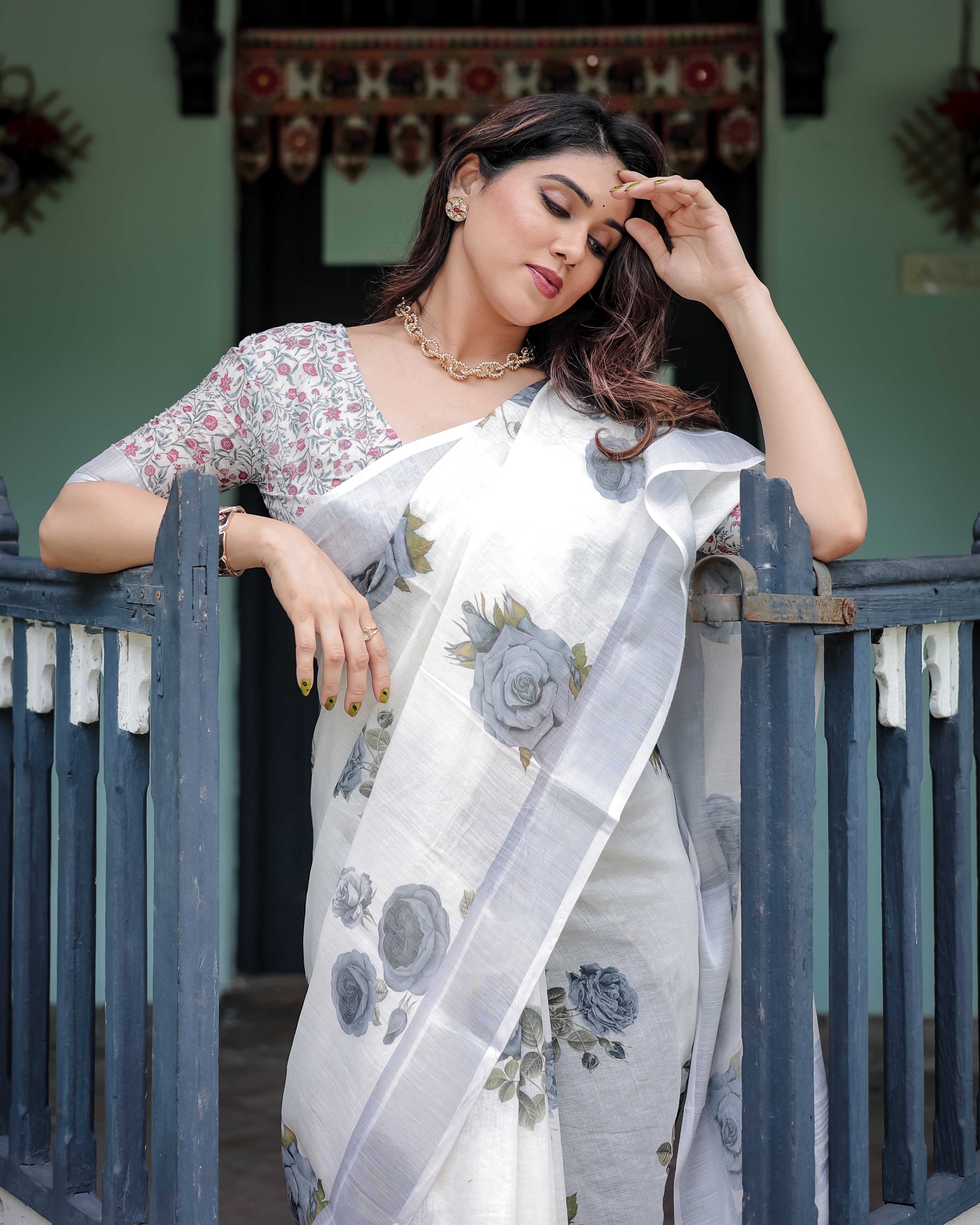 Off White and Grey Pure Cotton Linen Saree Multicolor Floral Print