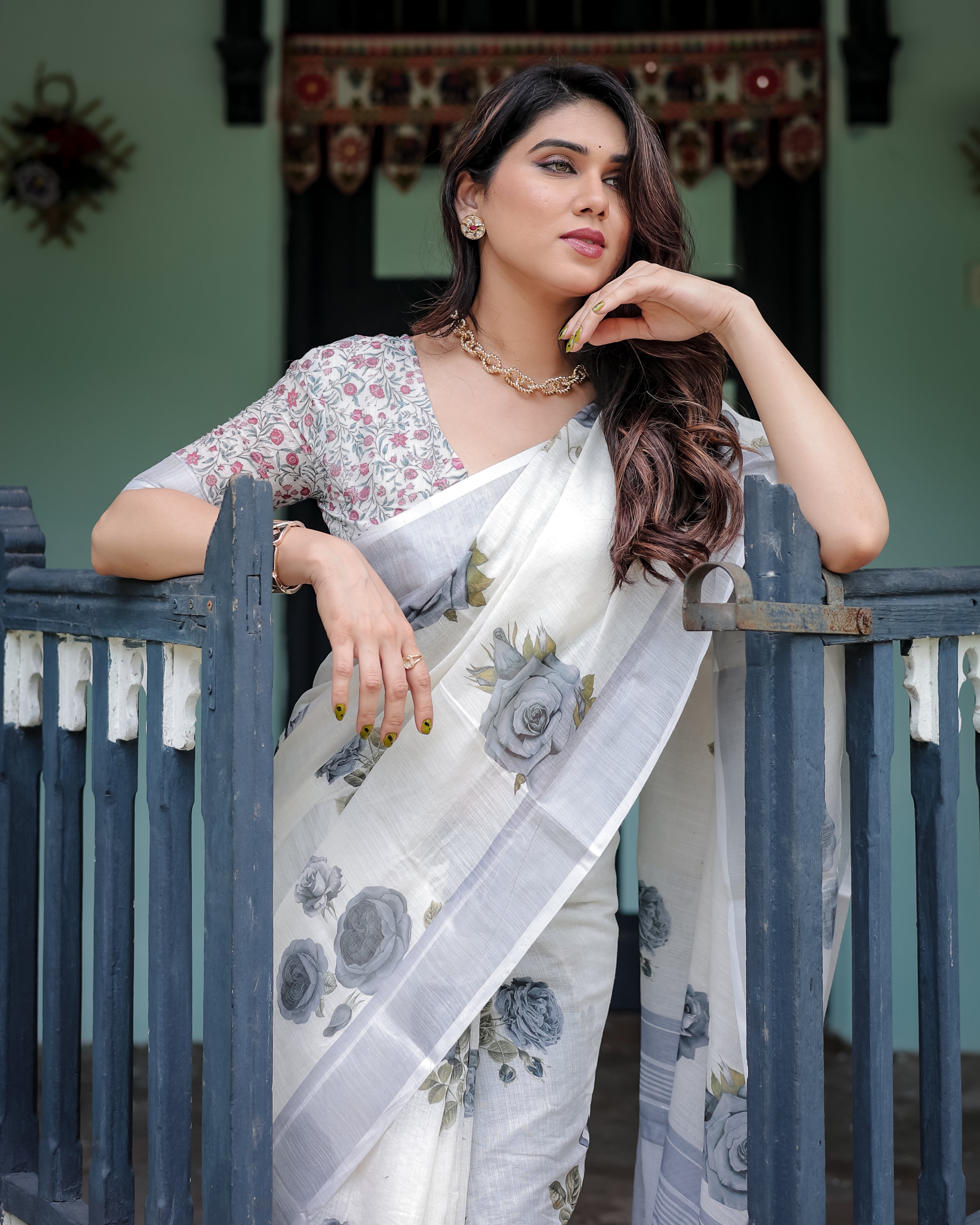 Off White and Grey Pure Cotton Linen Saree Multicolor Floral Print