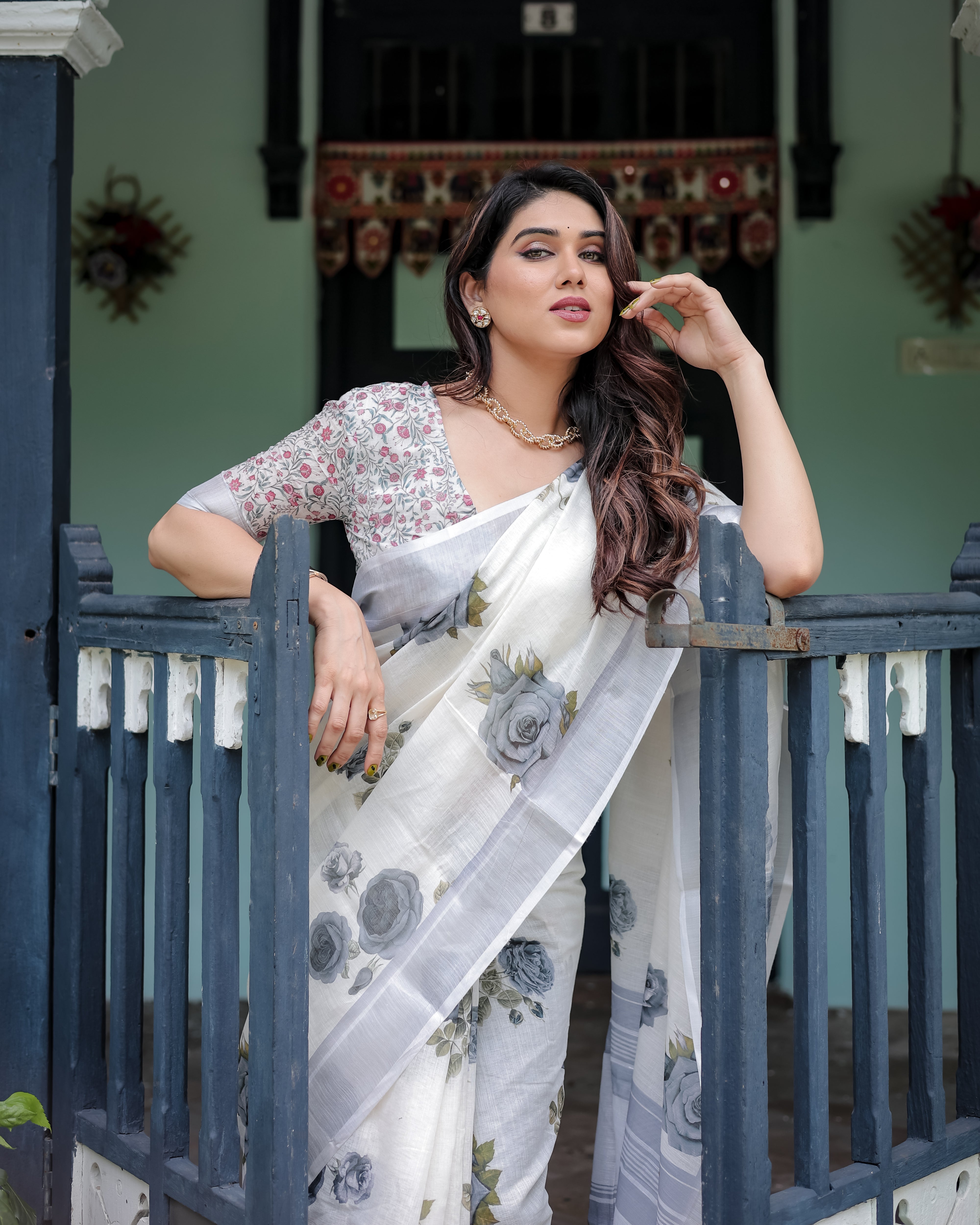 Off White and Grey Pure Cotton Linen Saree Multicolor Floral Print