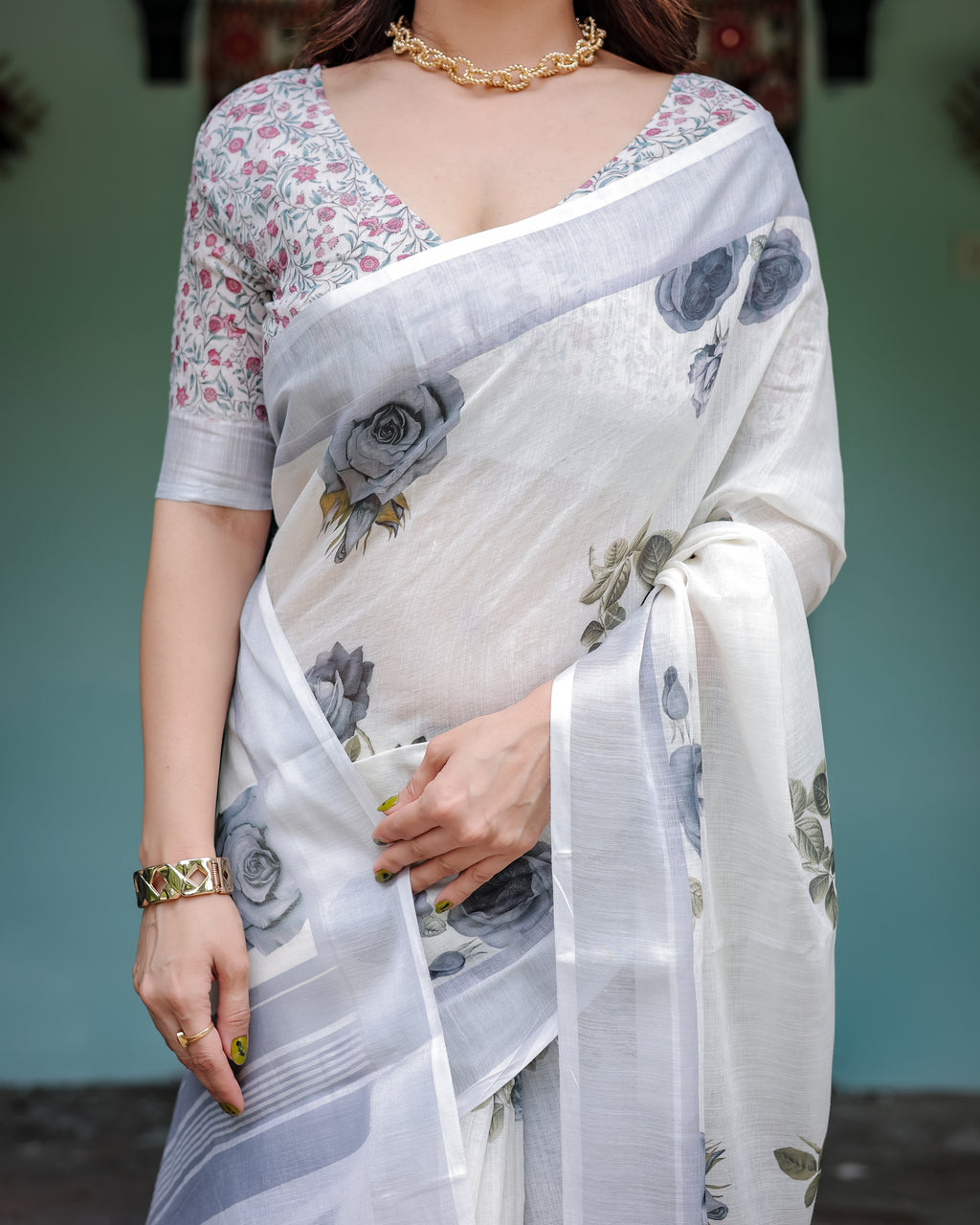 Off White and Grey Pure Cotton Linen Saree Multicolor Floral Print