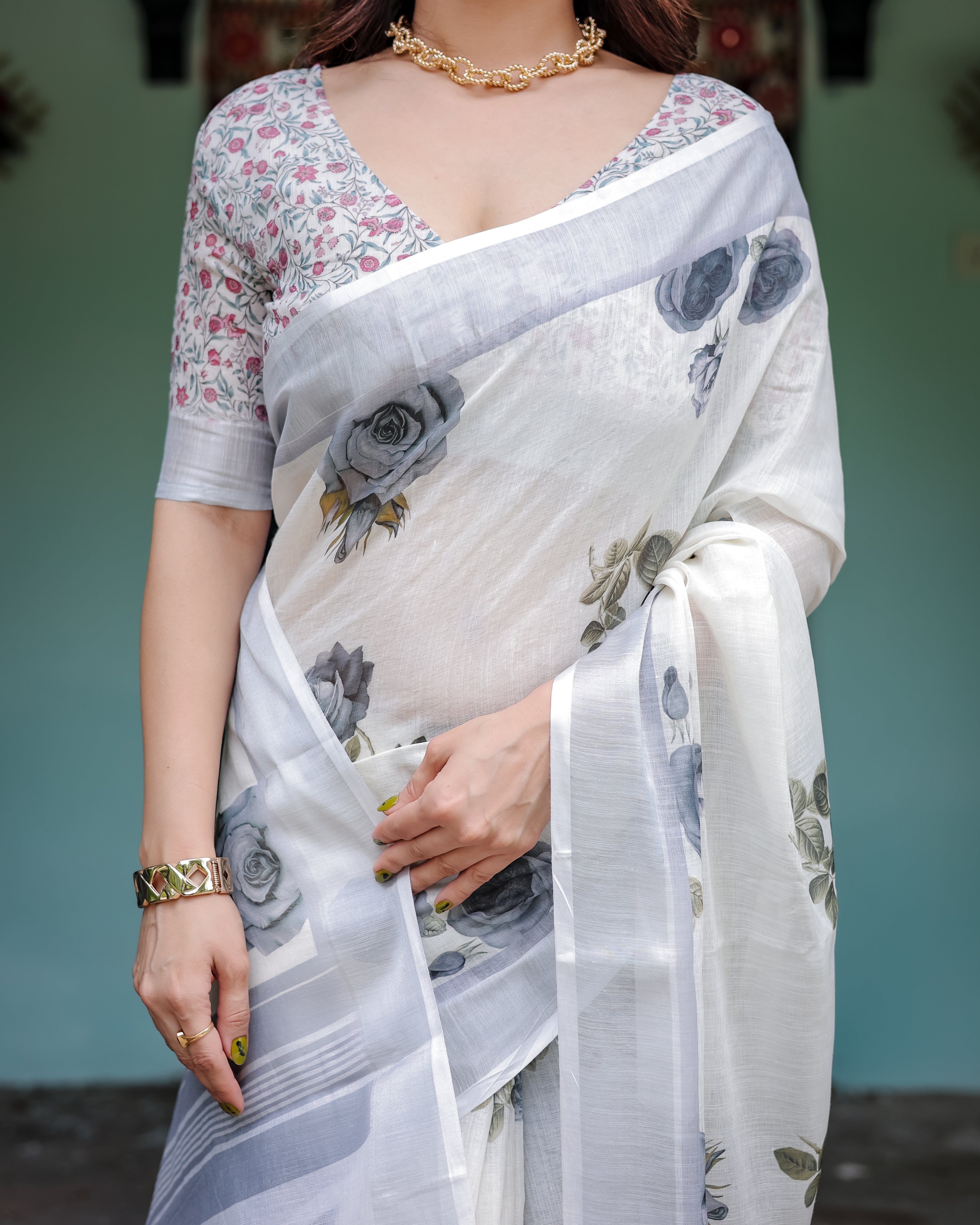 Off White and Grey Pure Cotton Linen Saree Multicolor Floral Print