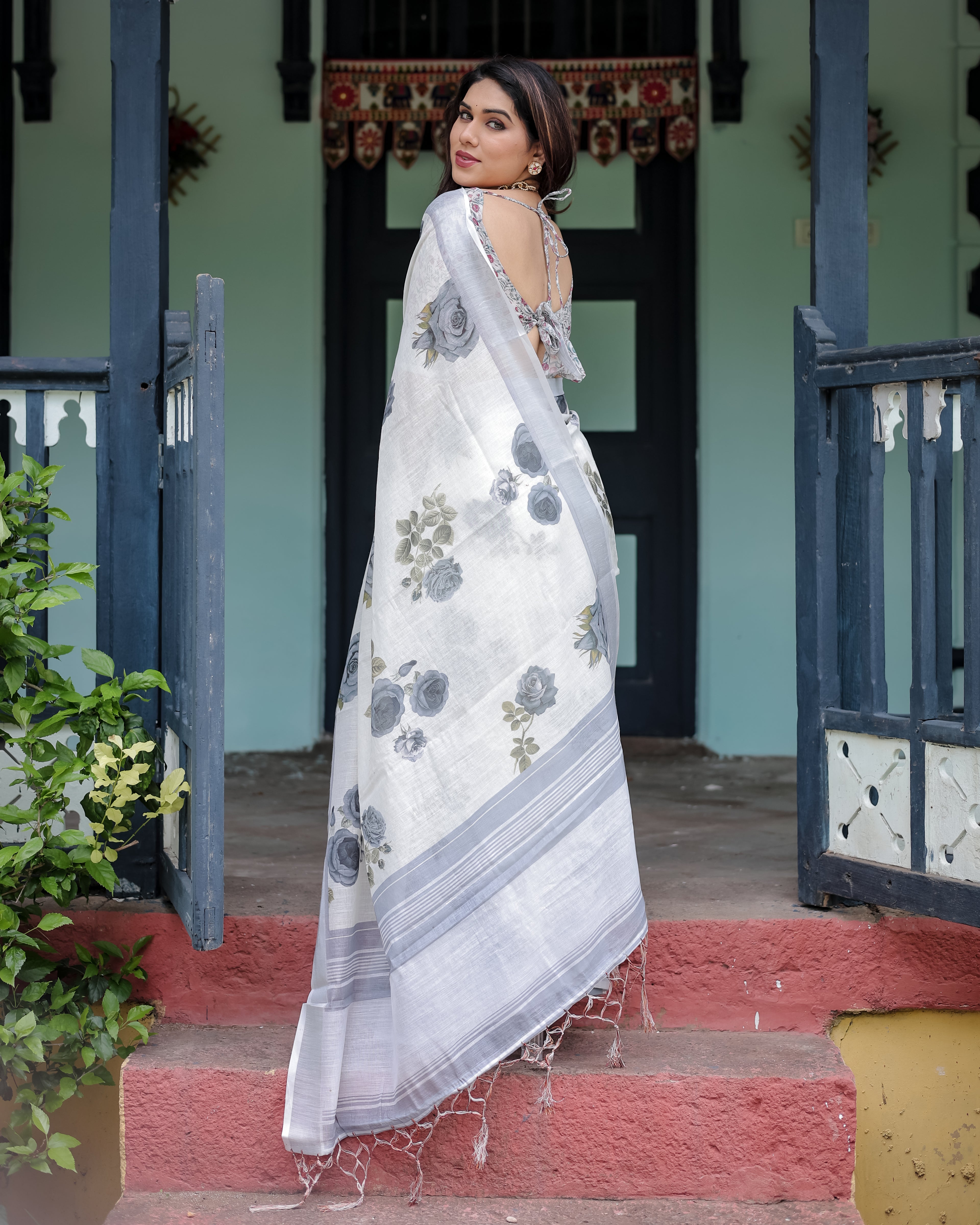 Off White and Grey Pure Cotton Linen Saree Multicolor Floral Print