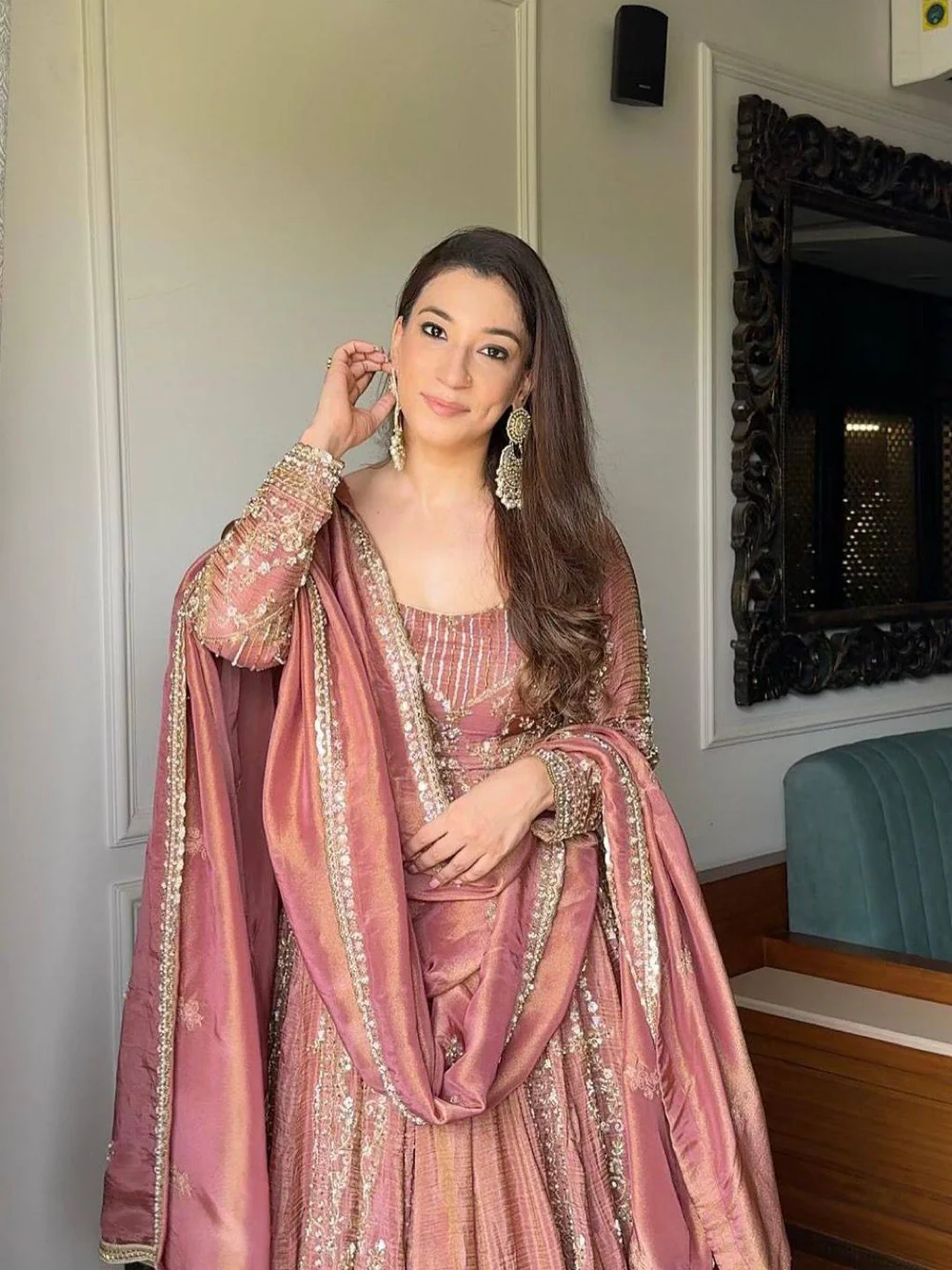 Rose Blush Heavy Embroidered Anarkali Gown Lehenga Dupatta Set