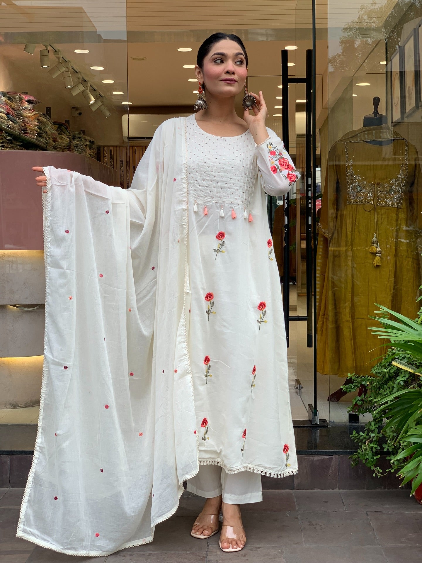 Off White Embroidered Chanderi Silk Kurta Set