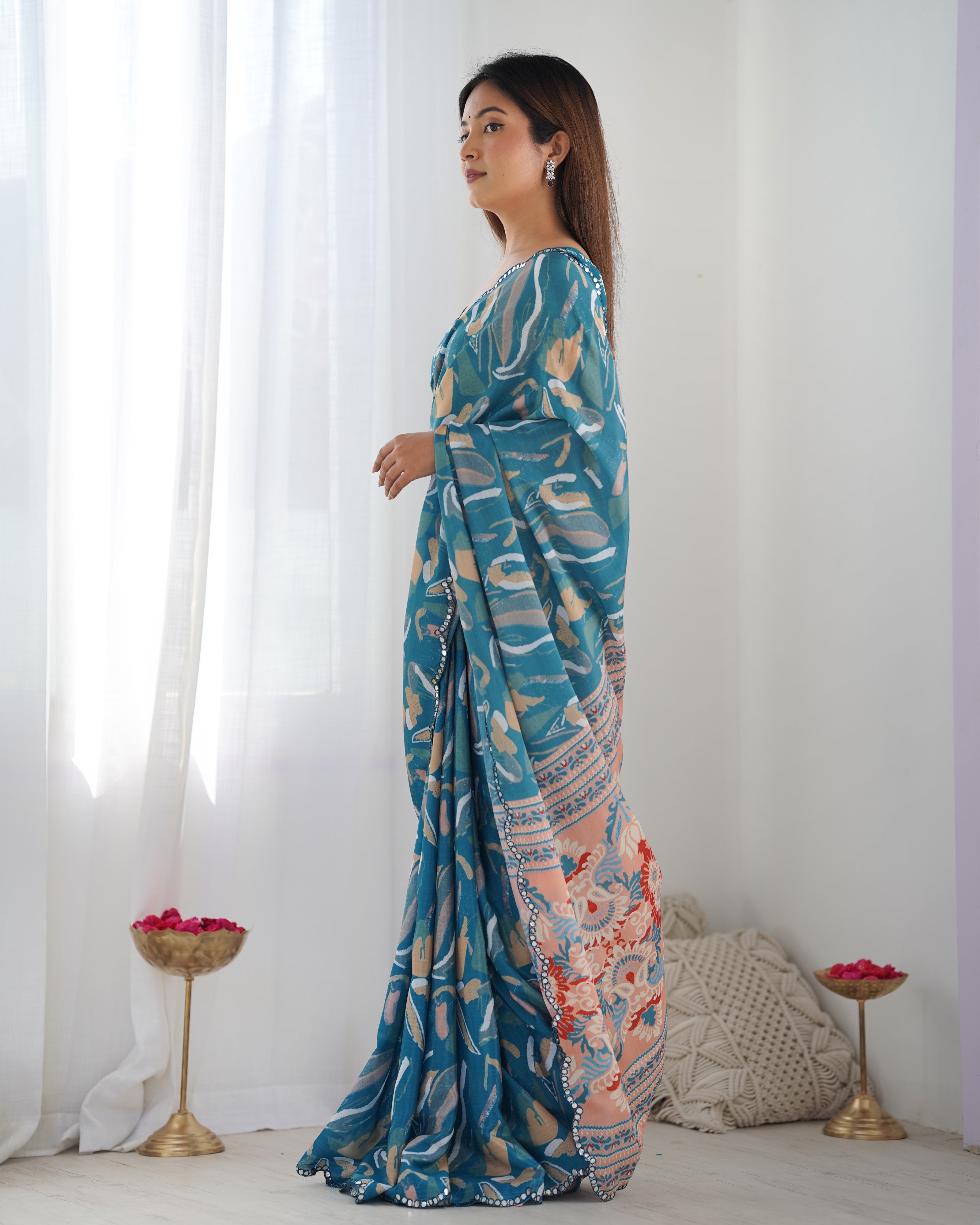 Heavy Chinnon Teal Blue Printed Saree with Peach Floral Pallu