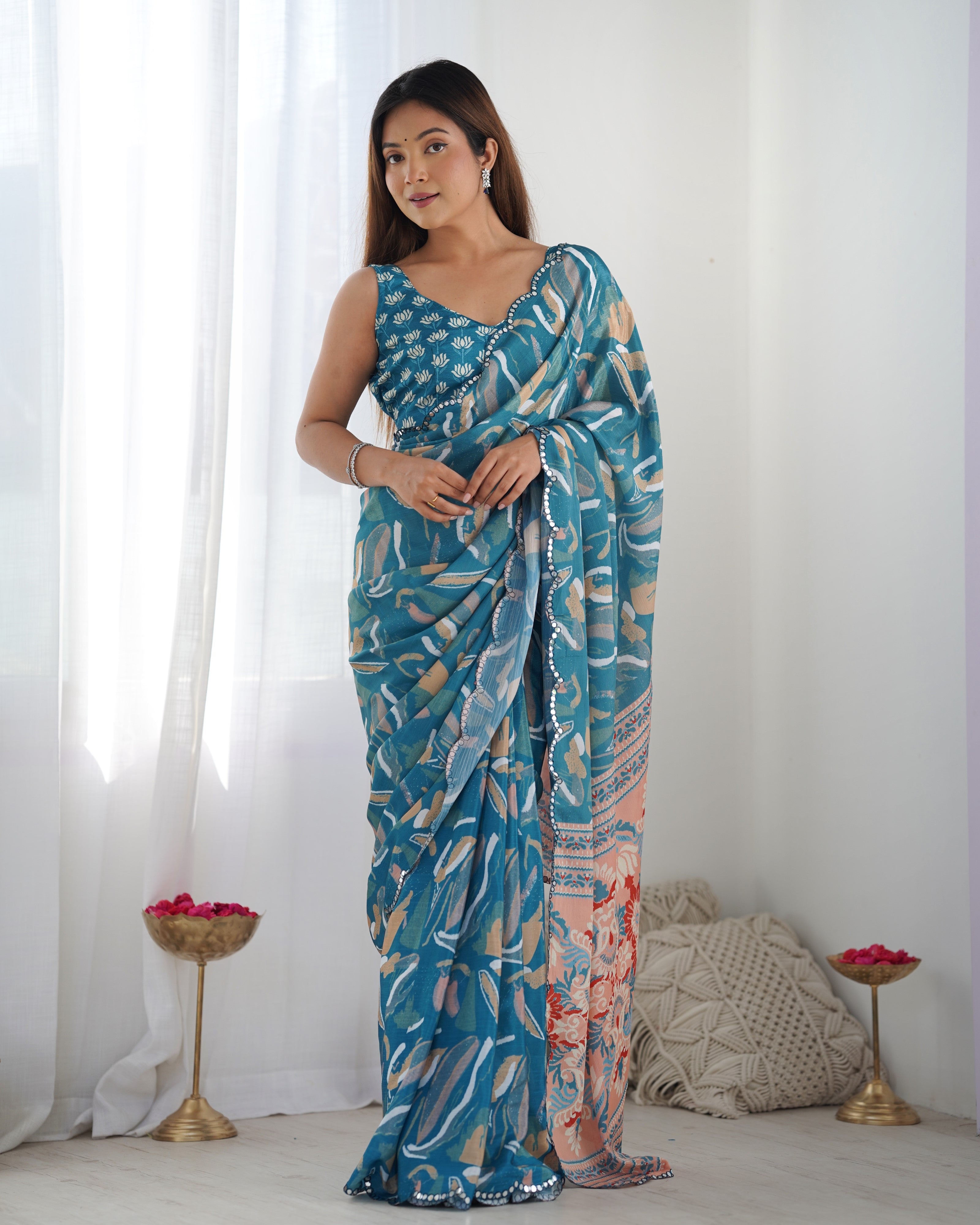 Heavy Chinnon Teal Blue Printed Saree with Peach Floral Pallu