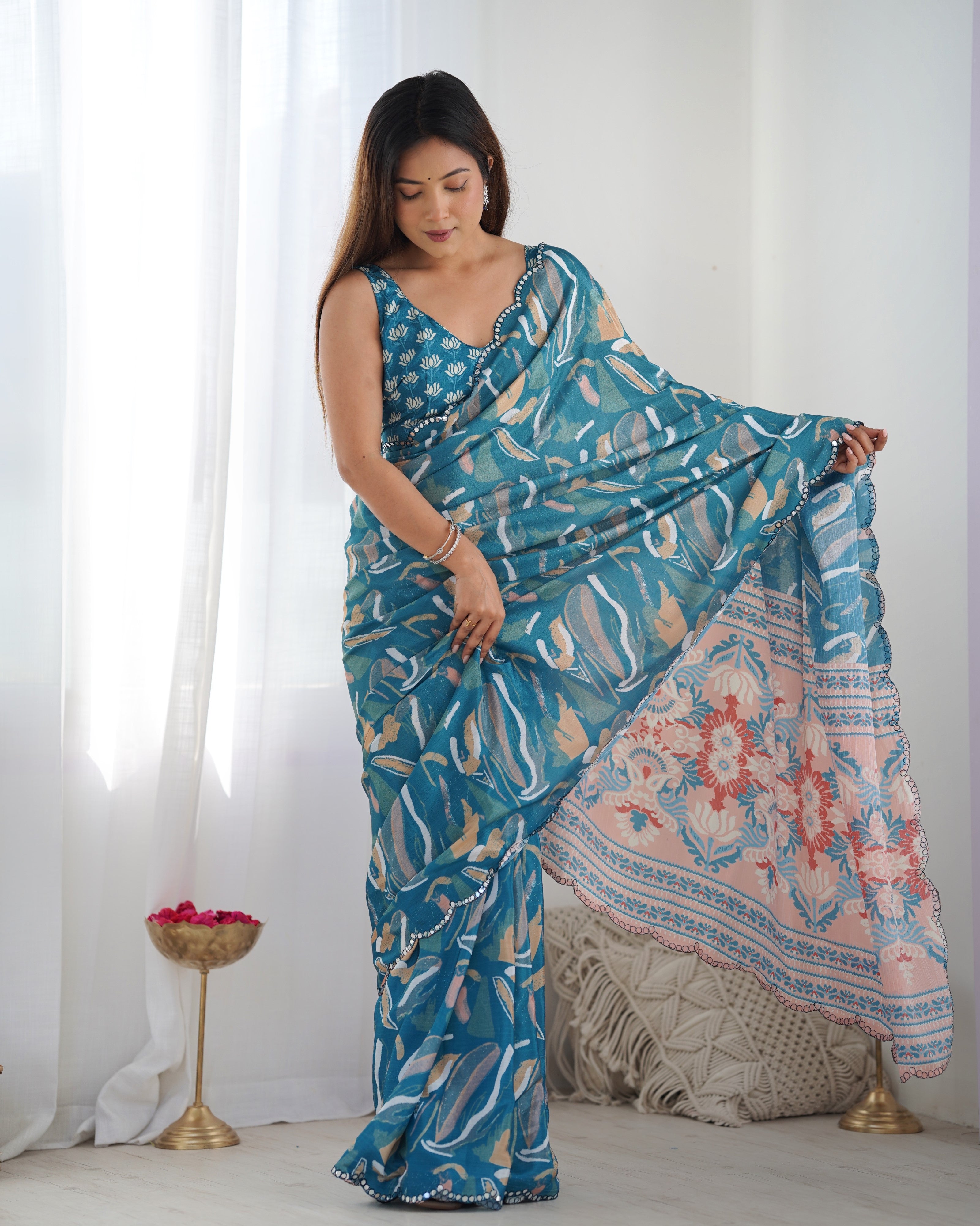 Heavy Chinnon Teal Blue Printed Saree with Peach Floral Pallu