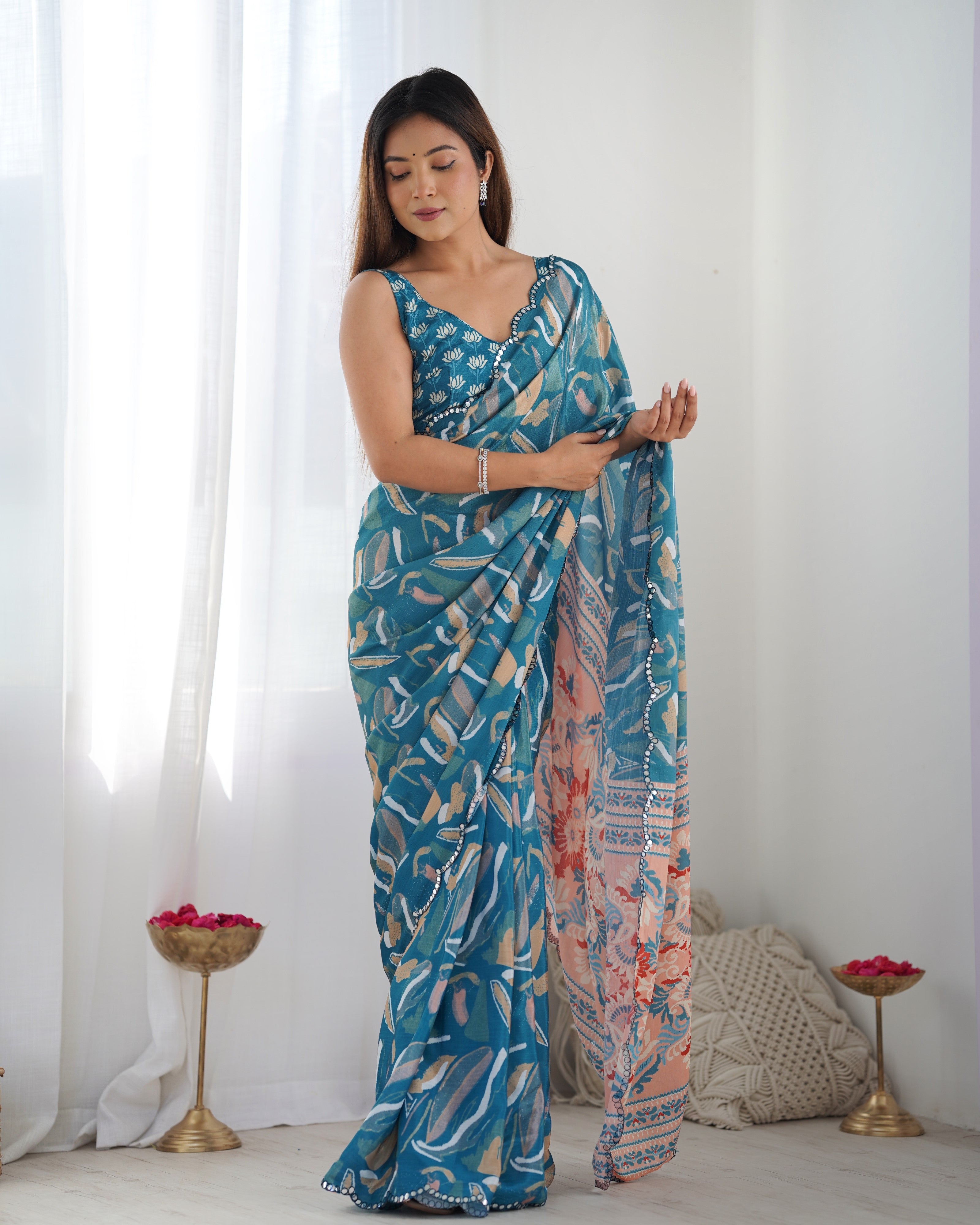 Heavy Chinnon Teal Blue Printed Saree with Peach Floral Pallu