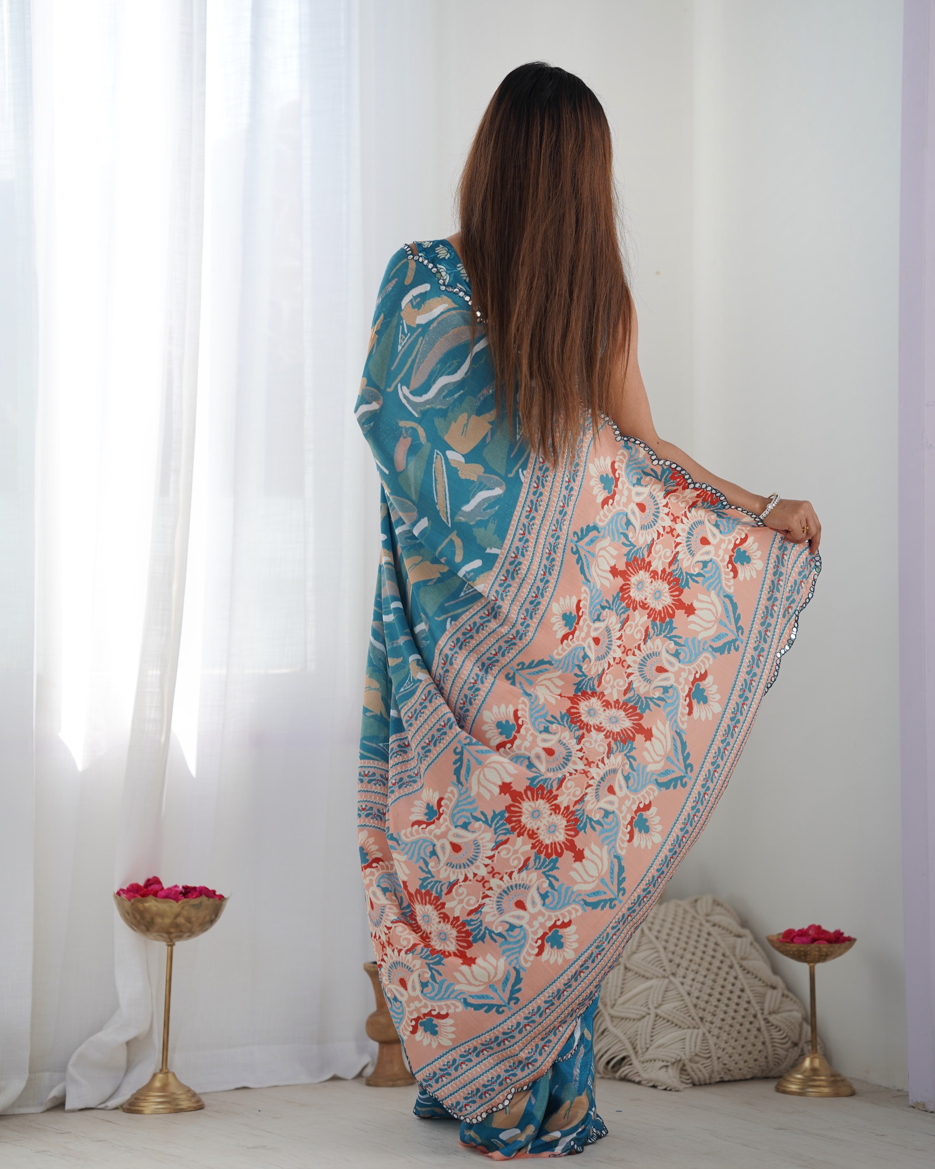Heavy Chinnon Teal Blue Printed Saree with Peach Floral Pallu
