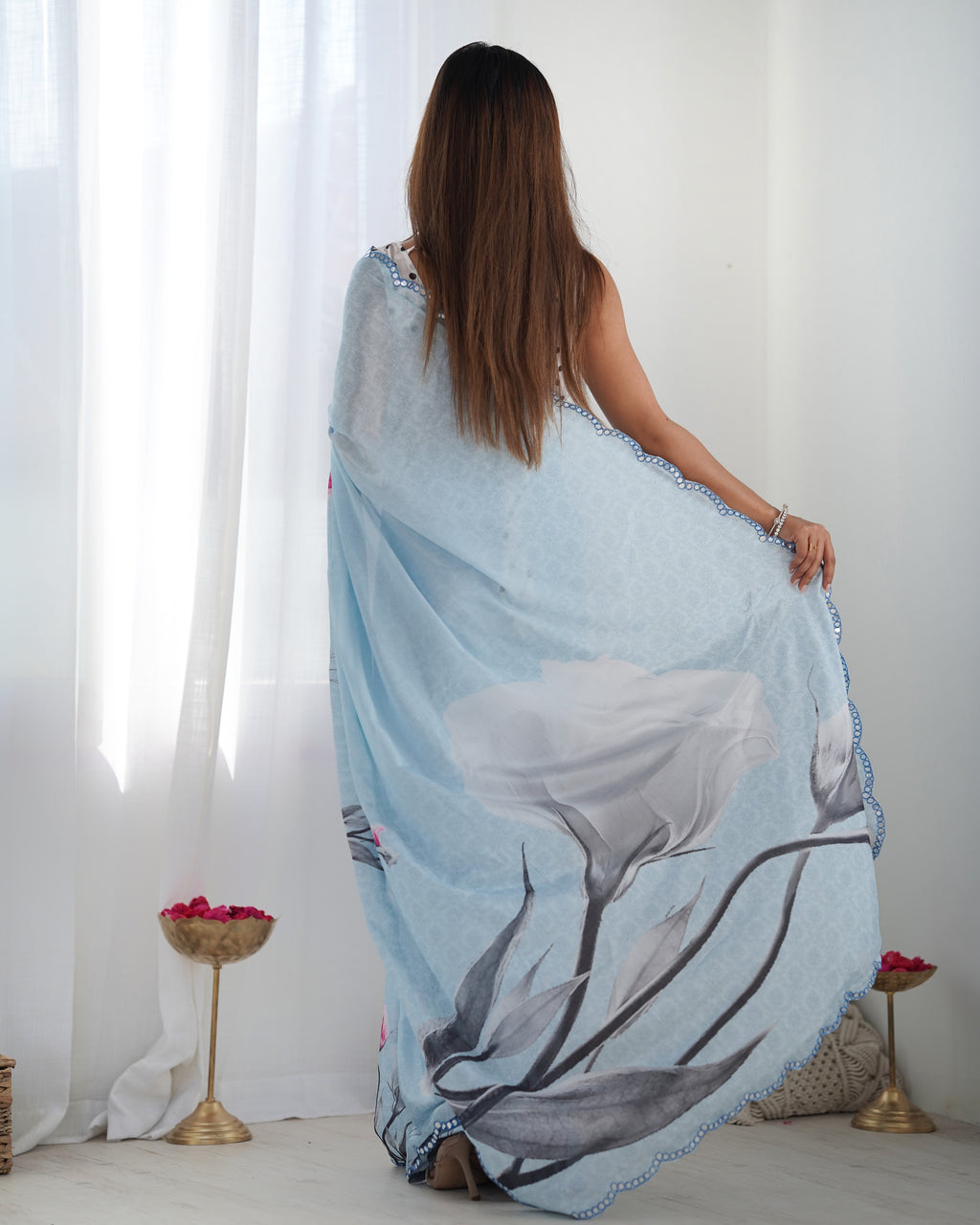 Elegant Light Sky Blue Heavy Chinnon Saree Kutchi Mirror Lace Border