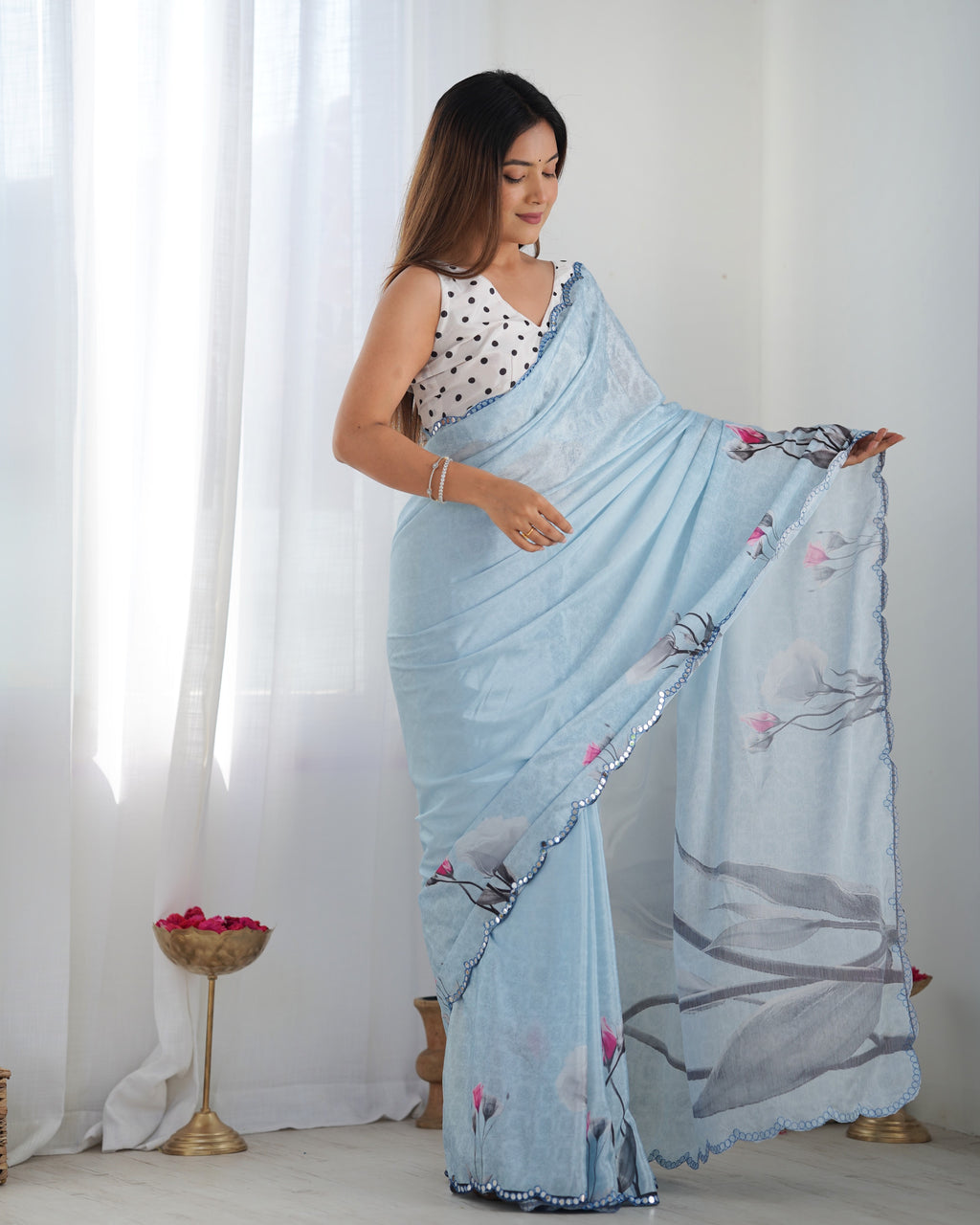 Elegant Light Sky Blue Heavy Chinnon Saree Kutchi Mirror Lace Border