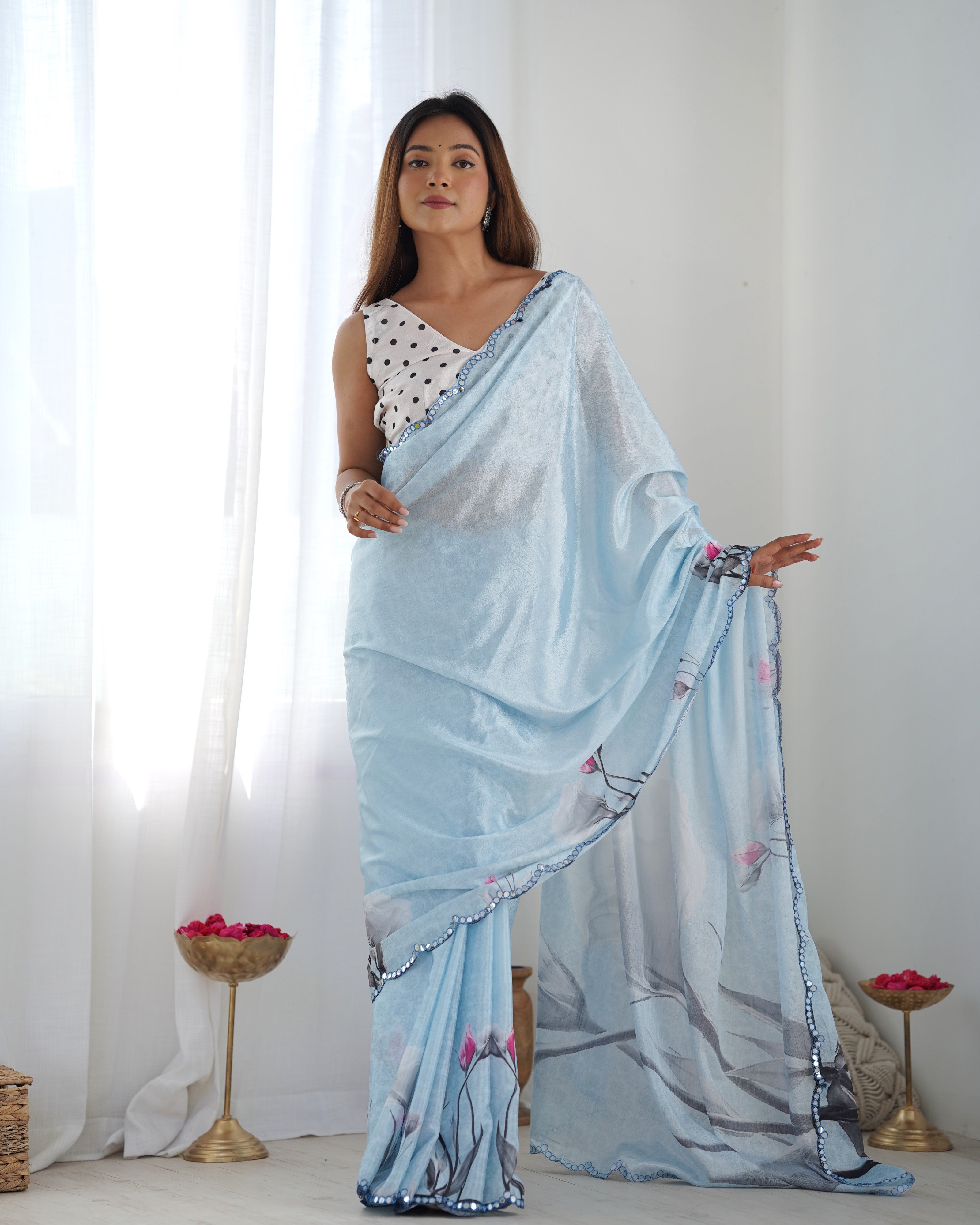 Elegant Light Sky Blue Heavy Chinnon Saree Kutchi Mirror Lace Border