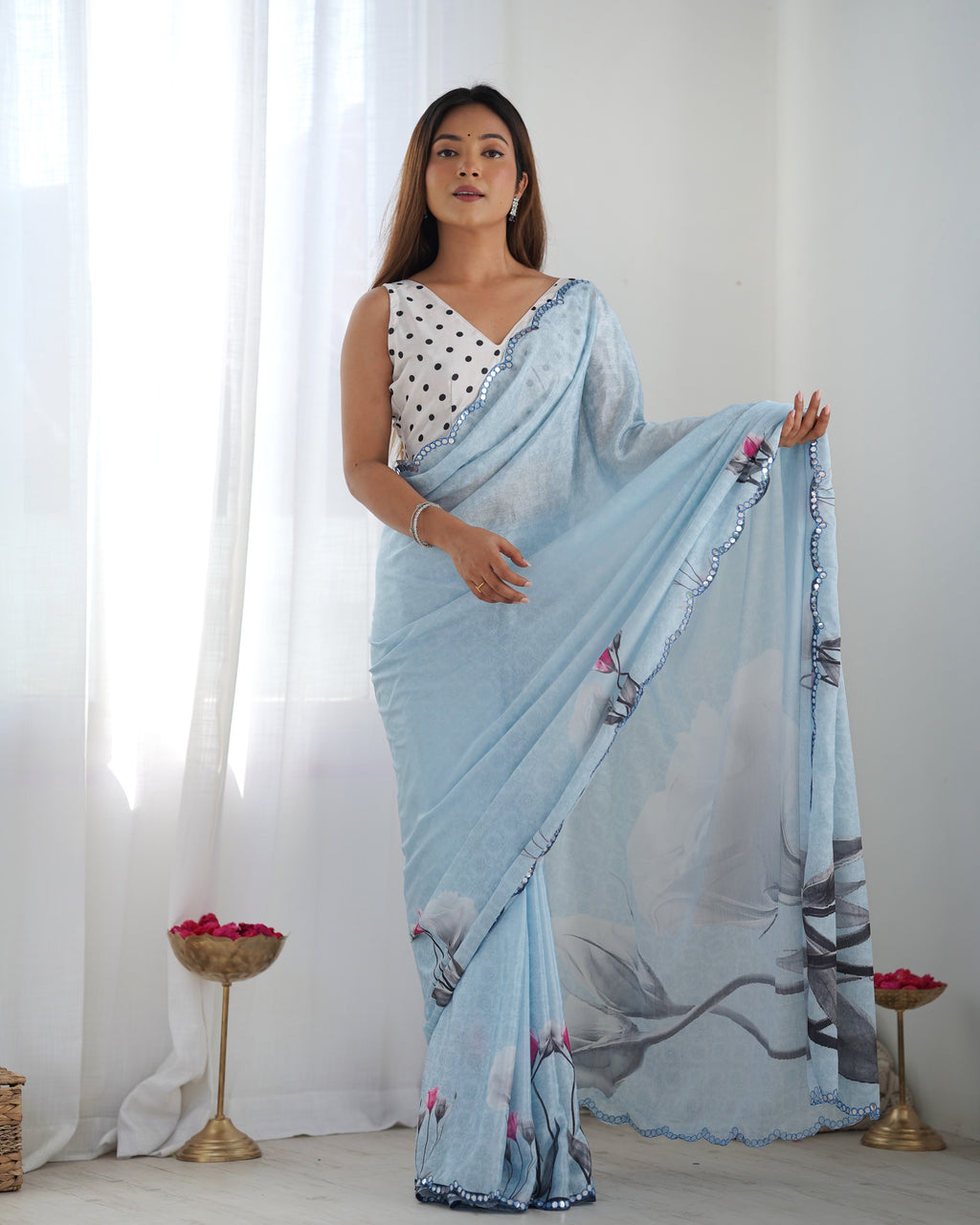 Elegant Light Sky Blue Heavy Chinnon Saree Kutchi Mirror Lace Border