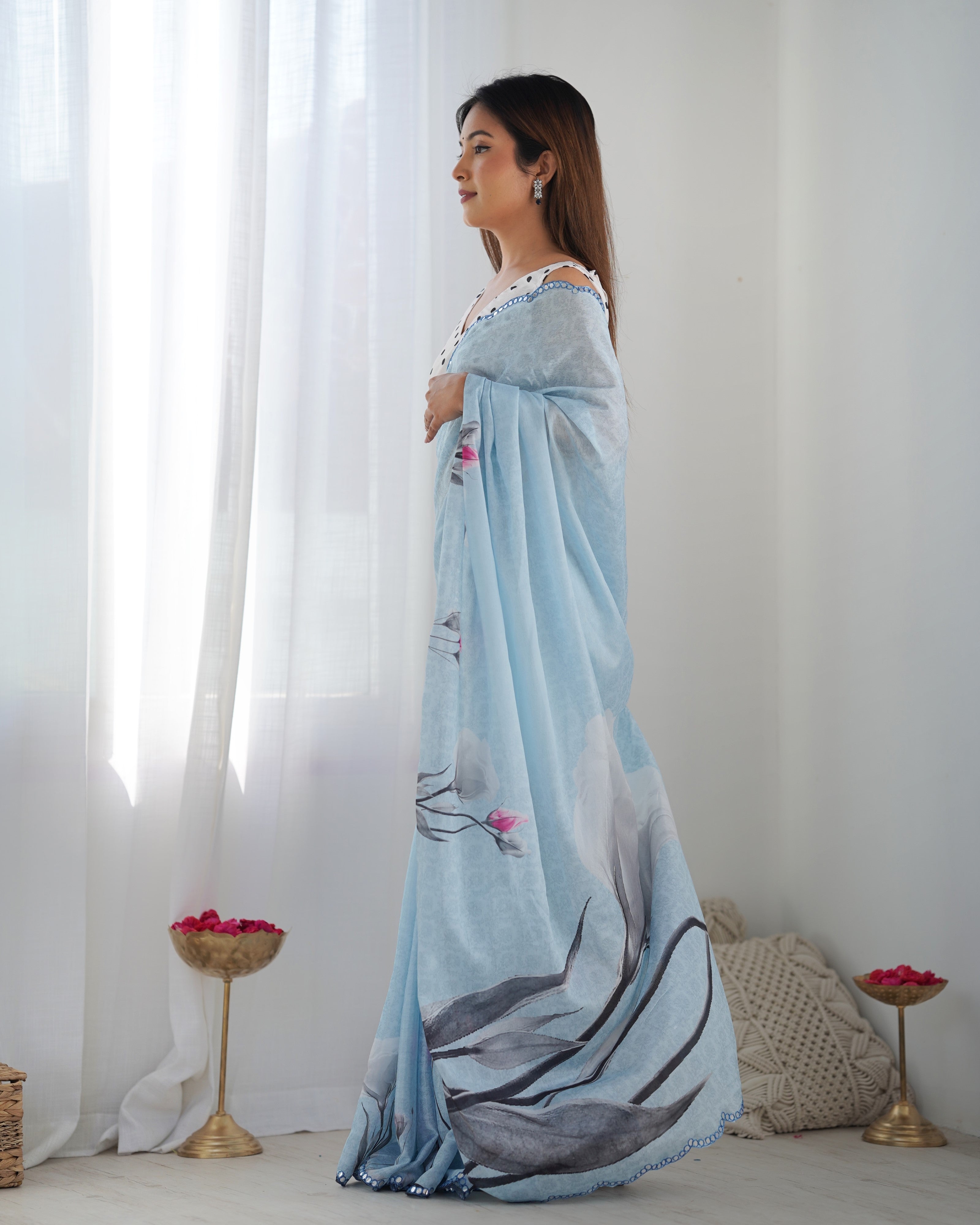 Elegant Light Sky Blue Heavy Chinnon Saree Kutchi Mirror Lace Border