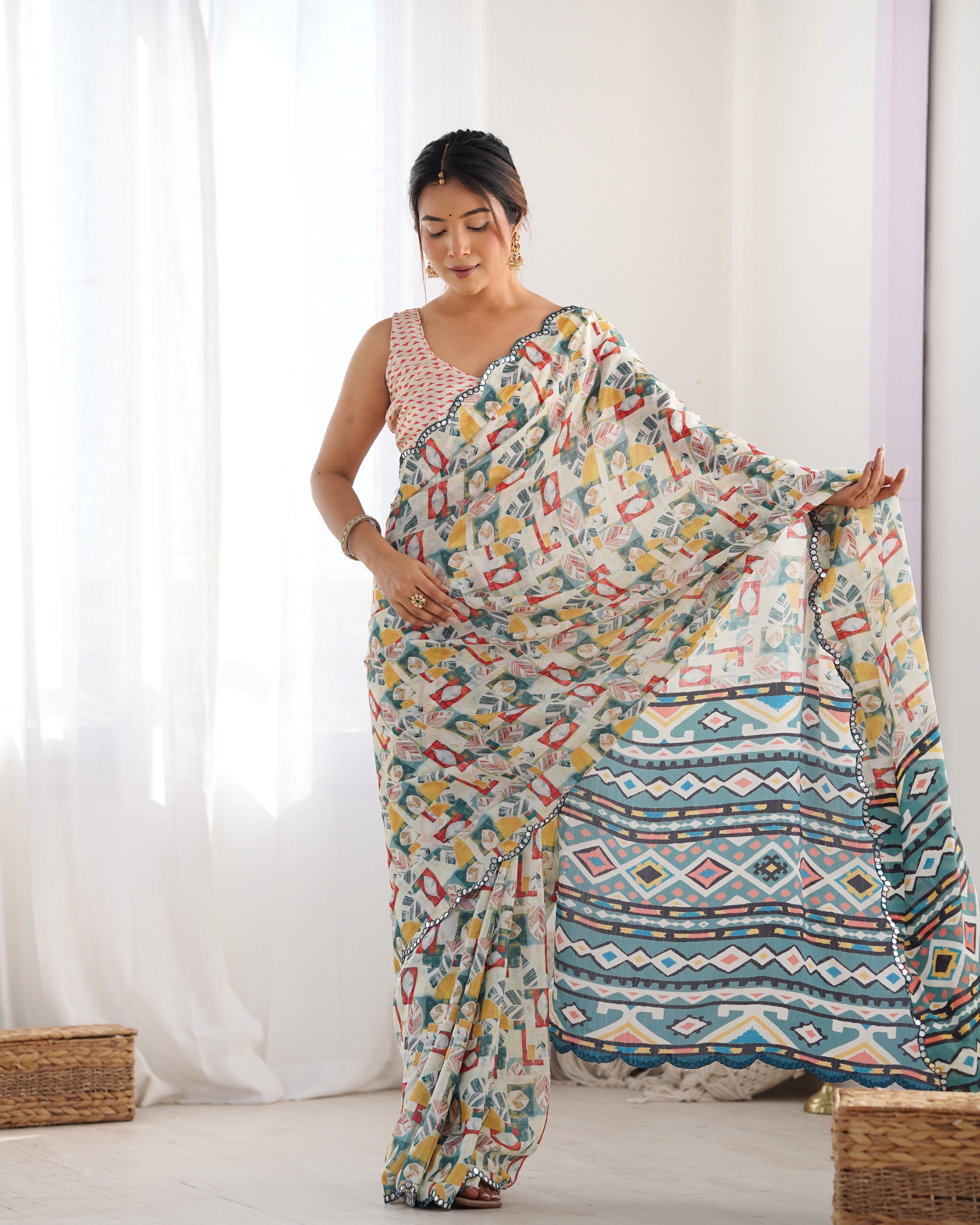 Heavy Chinnon Multicolor Printed Saree with Kutchi Mirror Lace Border