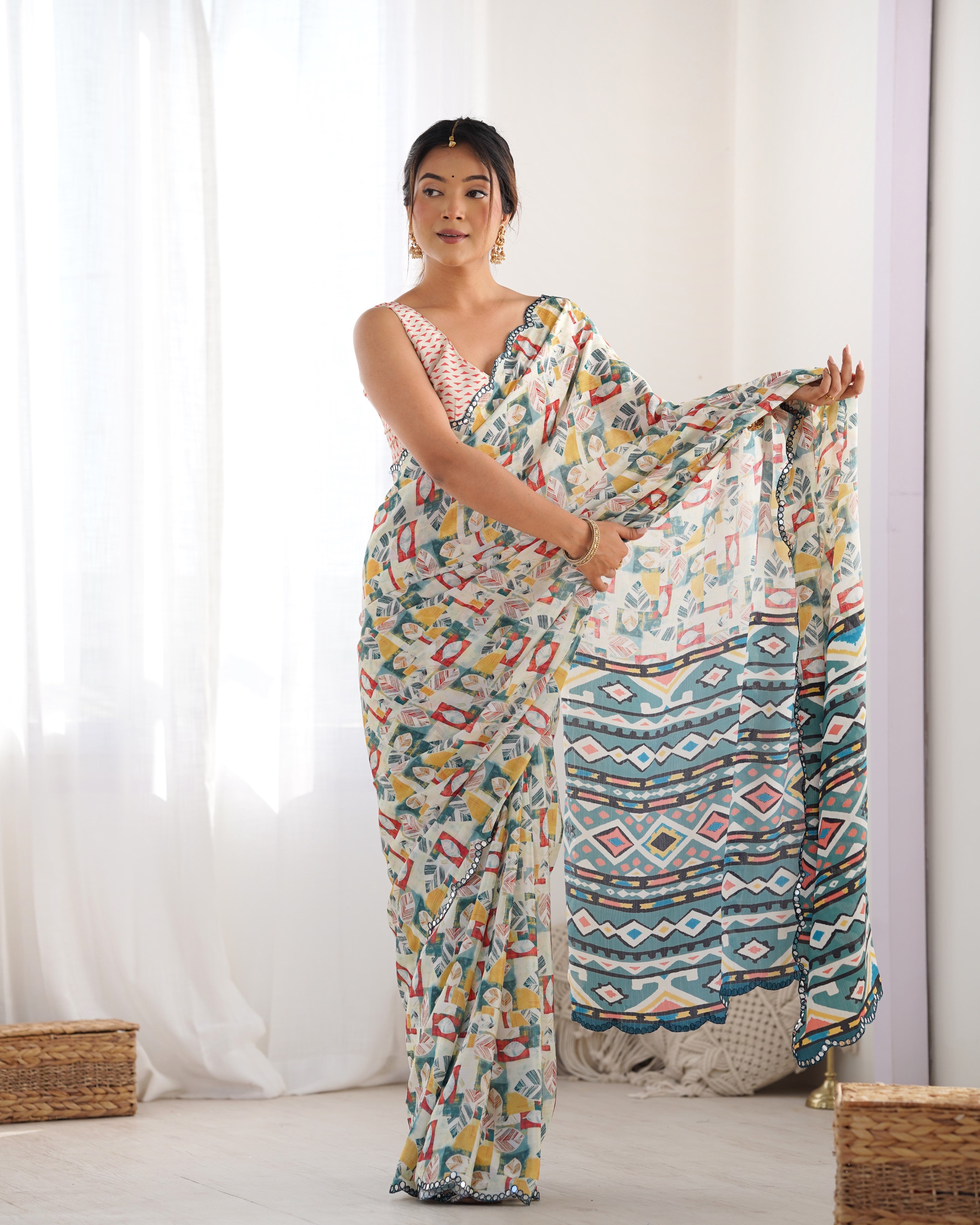 Heavy Chinnon Multicolor Printed Saree with Kutchi Mirror Lace Border