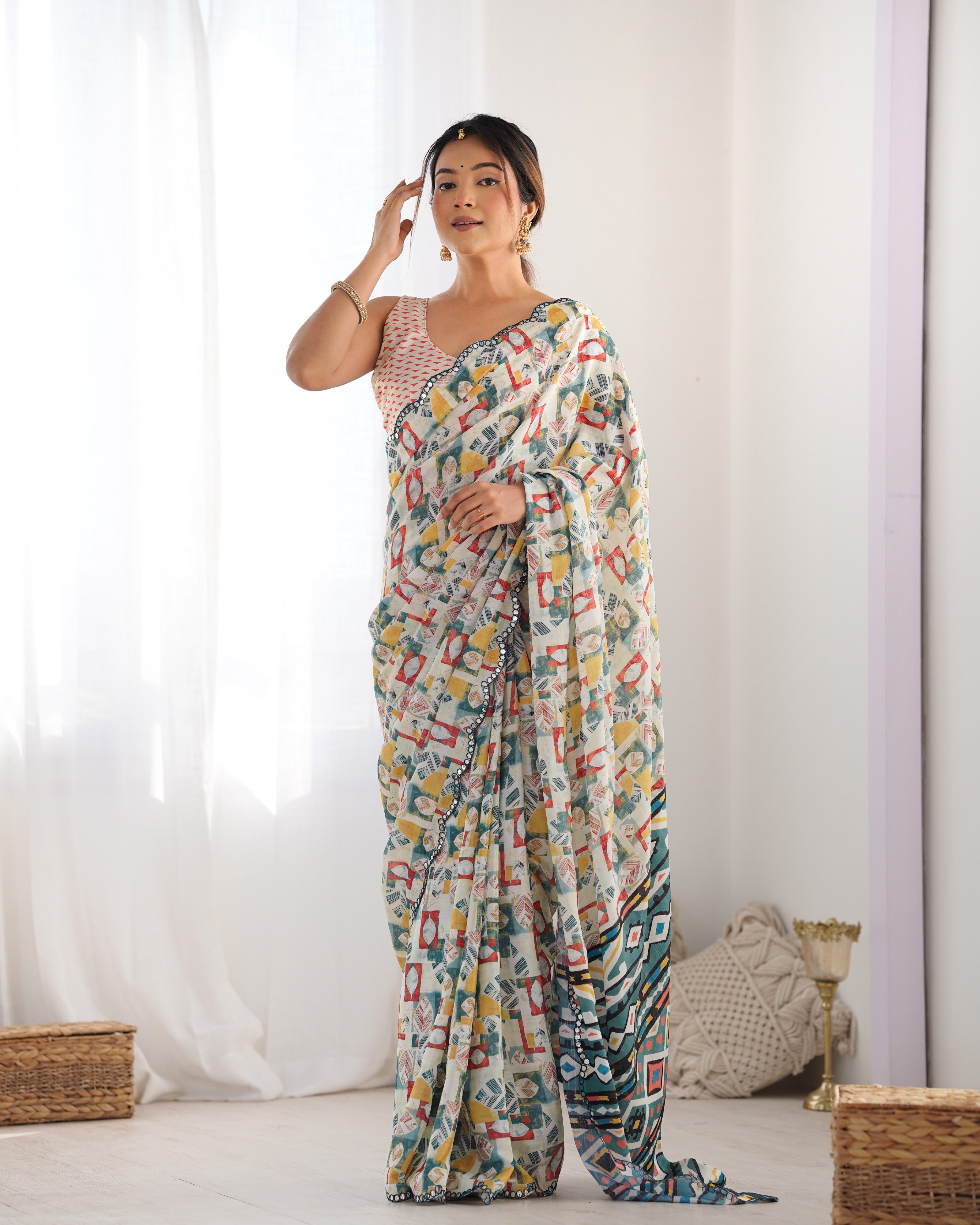 Heavy Chinnon Multicolor Printed Saree with Kutchi Mirror Lace Border