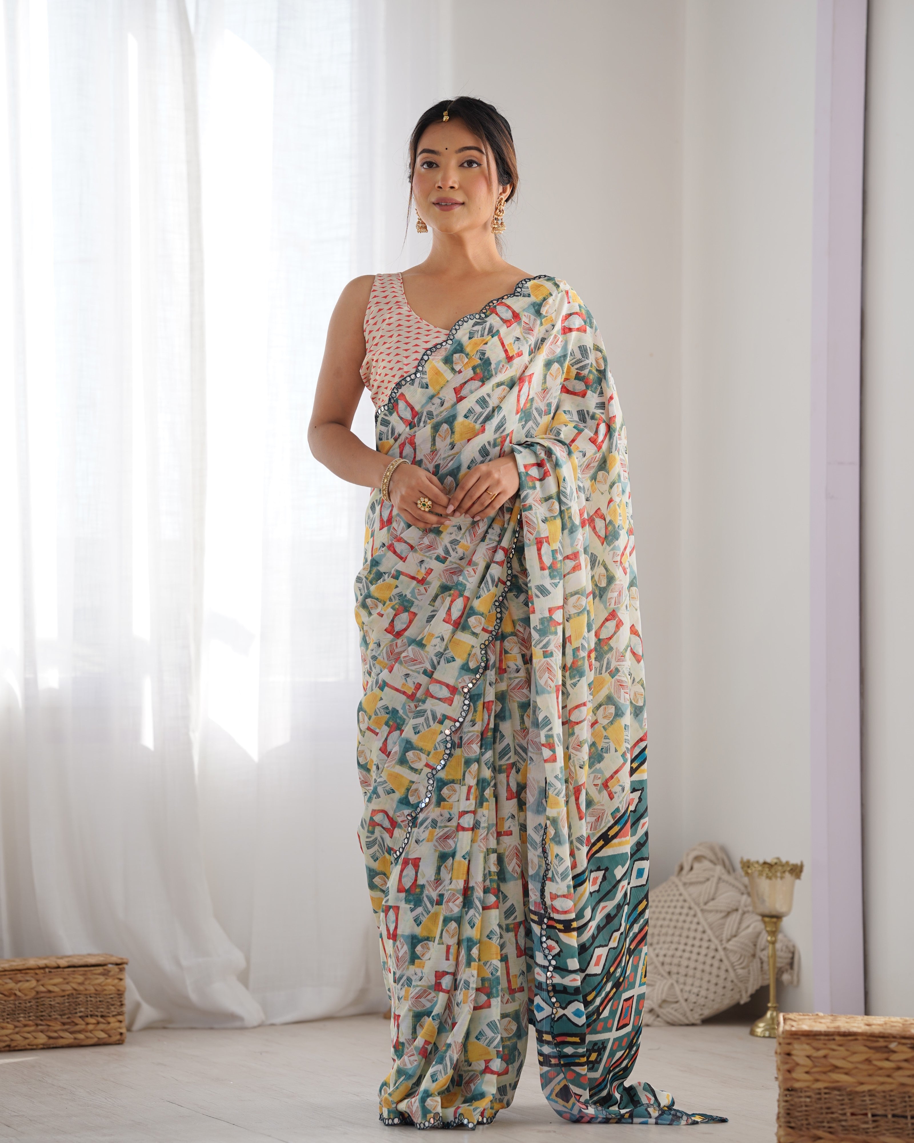 Heavy Chinnon Multicolor Printed Saree with Kutchi Mirror Lace Border