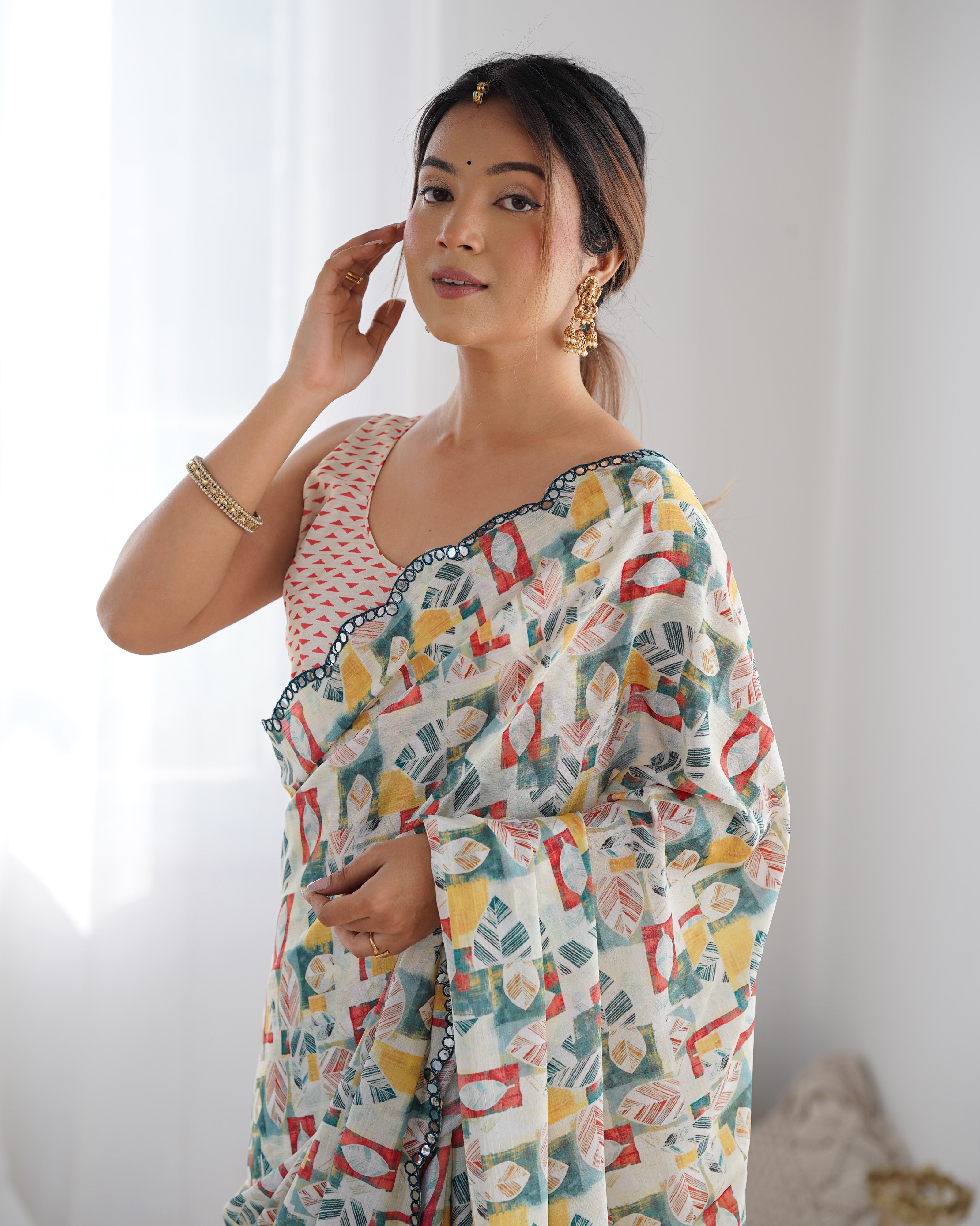 Heavy Chinnon Multicolor Printed Saree with Kutchi Mirror Lace Border