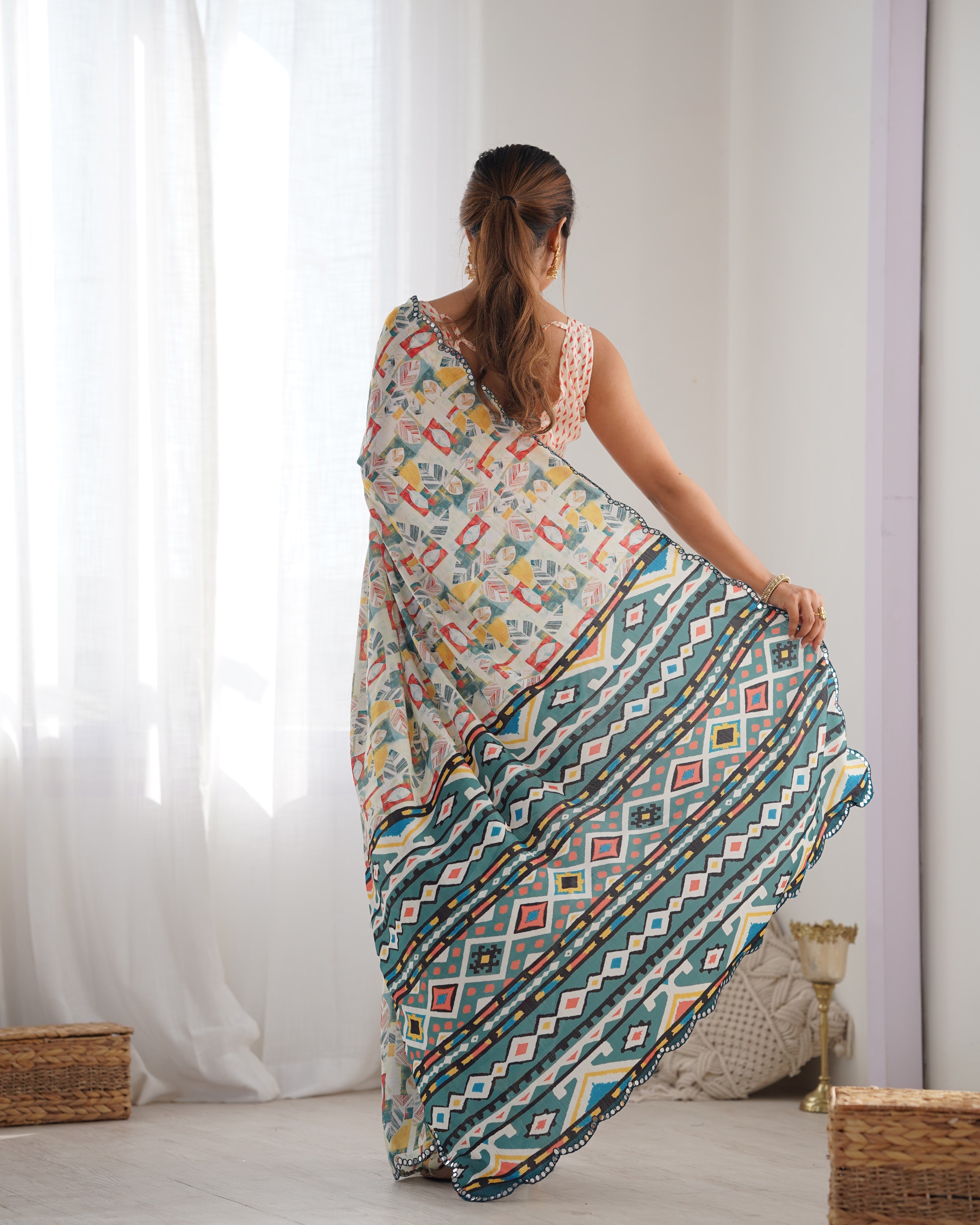 Heavy Chinnon Multicolor Printed Saree with Kutchi Mirror Lace Border