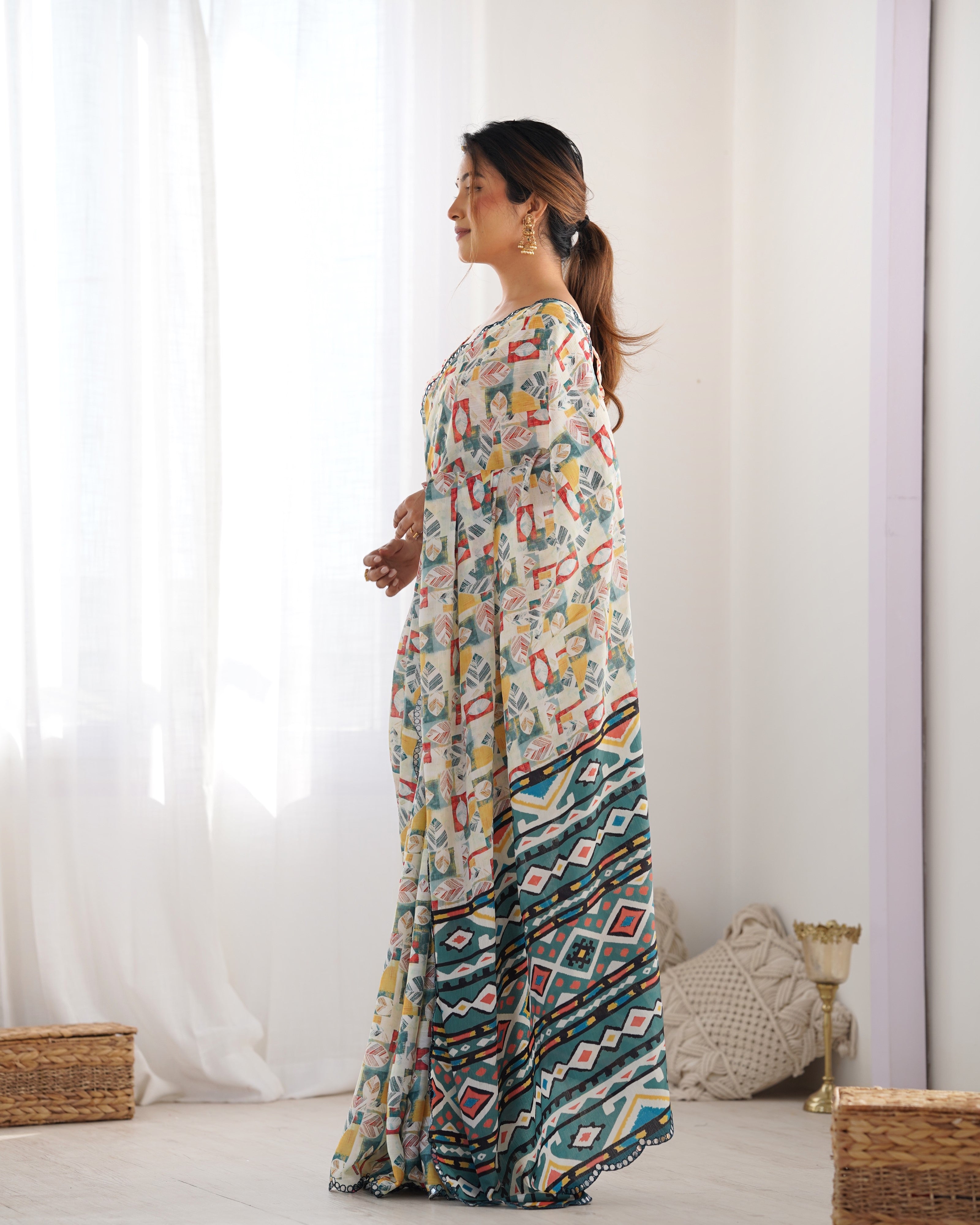 Heavy Chinnon Multicolor Printed Saree with Kutchi Mirror Lace Border