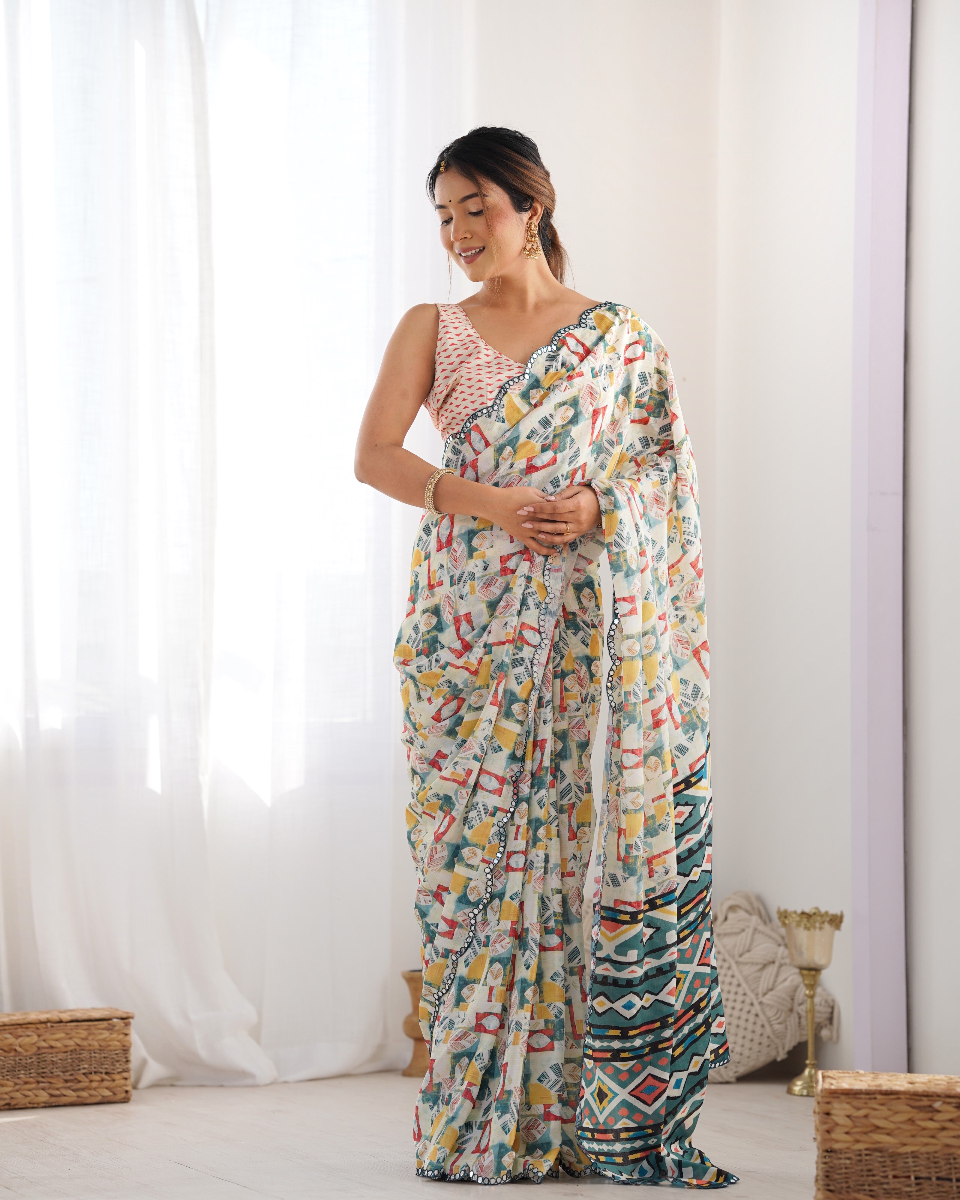 Heavy Chinnon Multicolor Printed Saree with Kutchi Mirror Lace Border