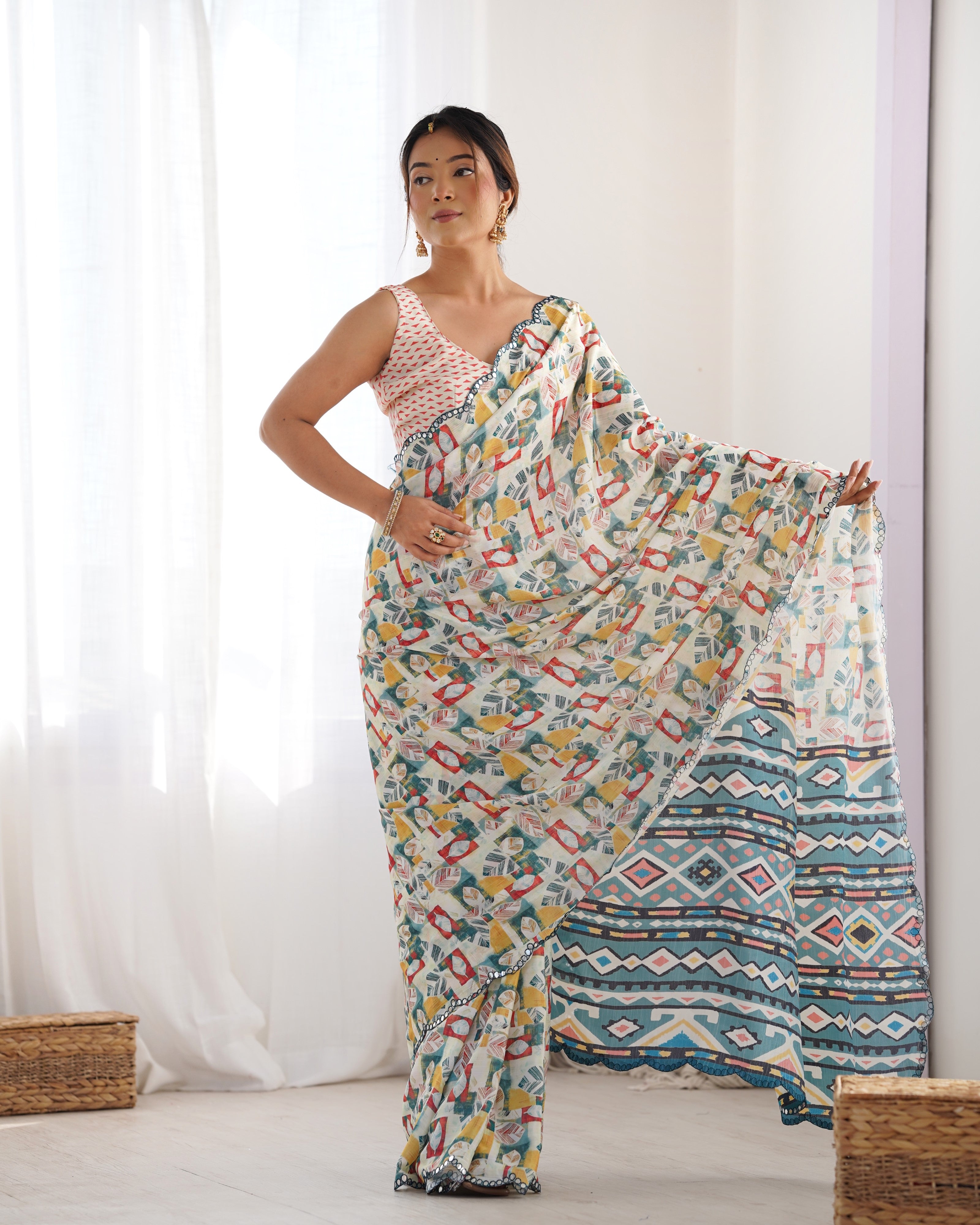 Heavy Chinnon Multicolor Printed Saree with Kutchi Mirror Lace Border
