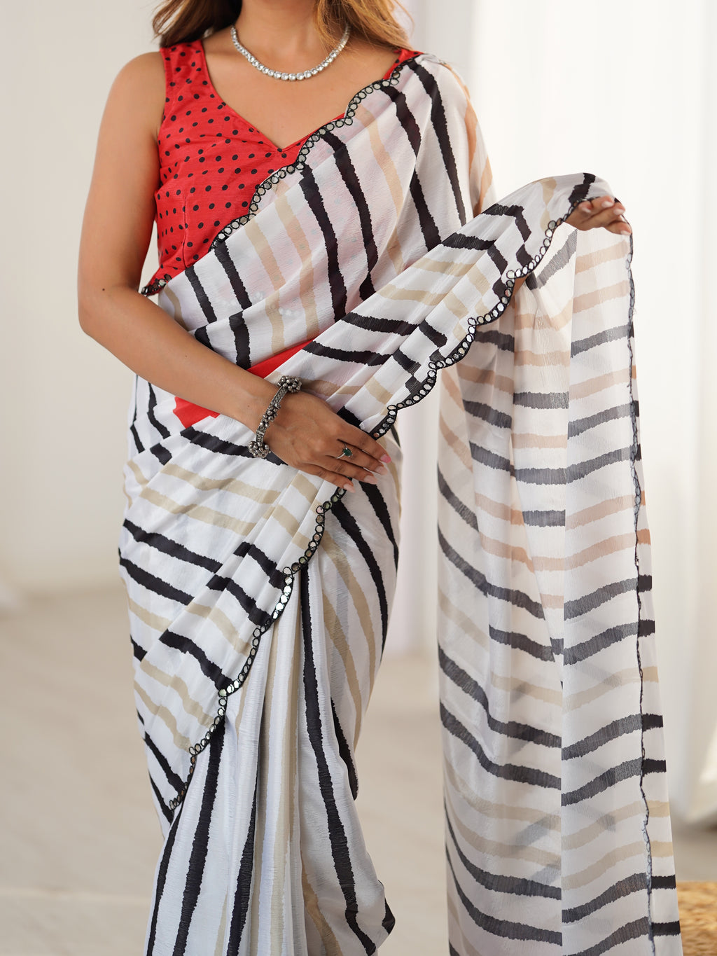 White Multi-Stripe Heavy Chinnon Saree With Unstitched Blouse