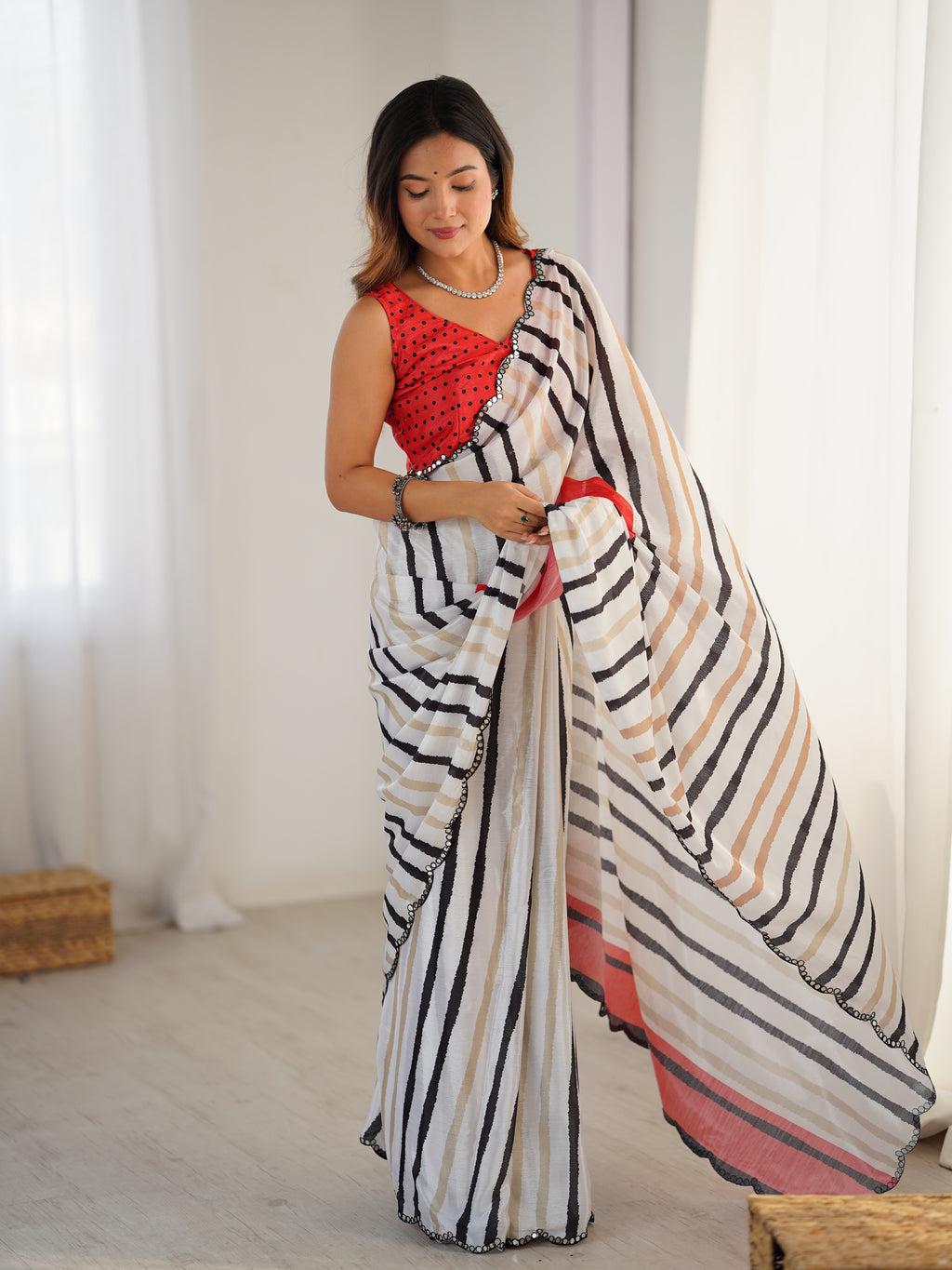 White Multi-Stripe Heavy Chinnon Saree With Unstitched Blouse