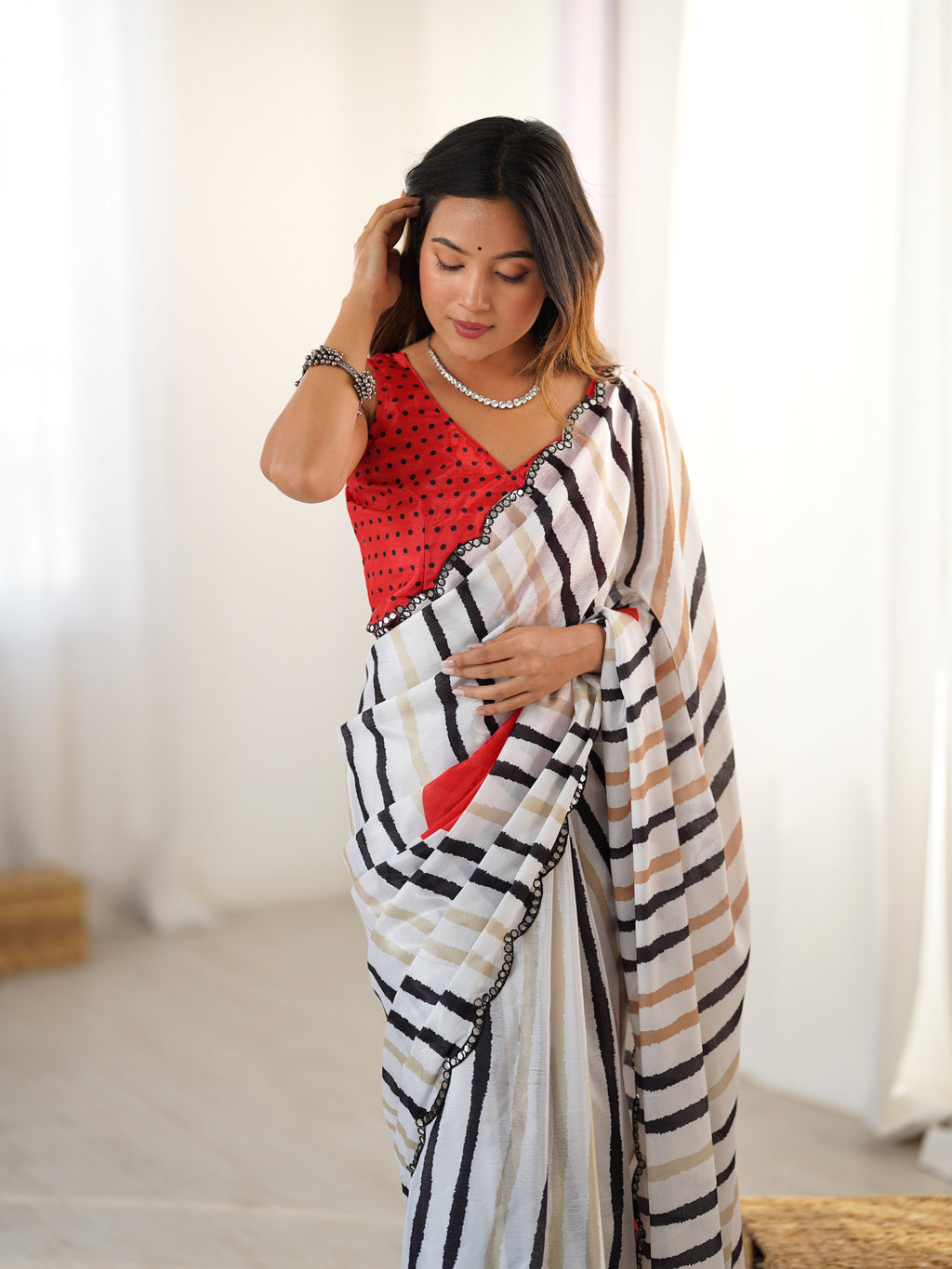 White Multi-Stripe Heavy Chinnon Saree With Unstitched Blouse