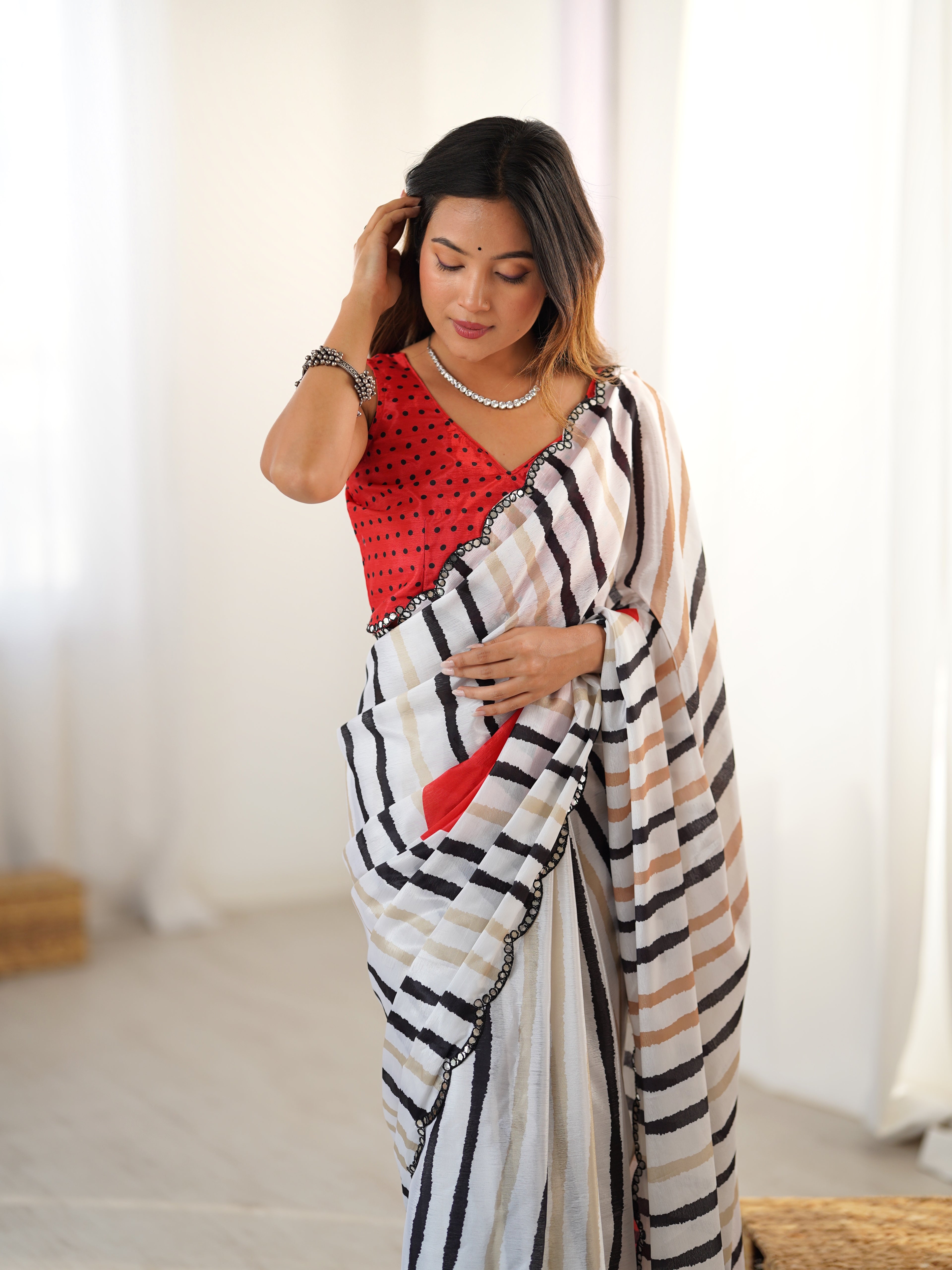 White Multi-Stripe Heavy Chinnon Saree With Unstitched Blouse