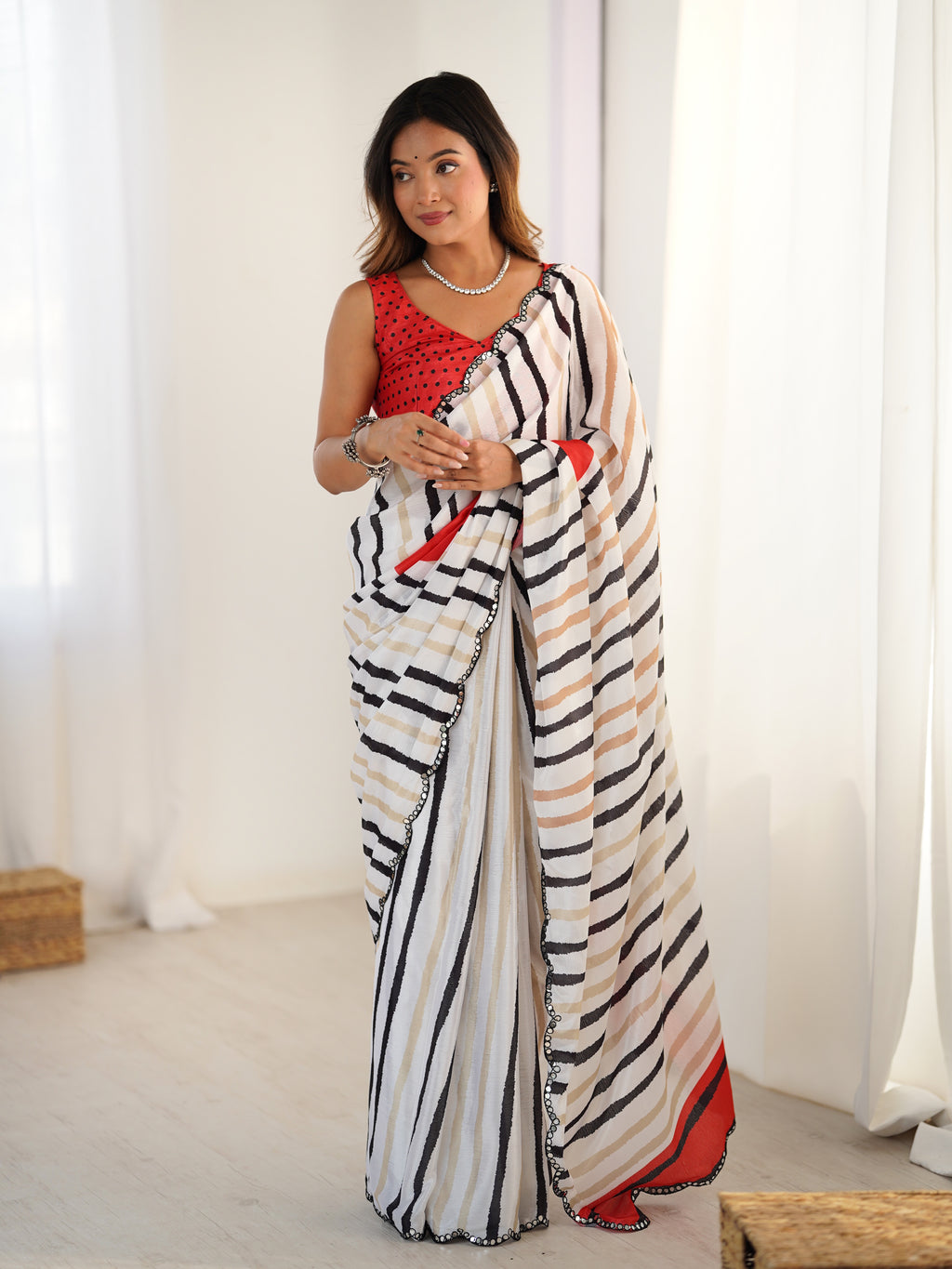 White Multi-Stripe Heavy Chinnon Saree With Unstitched Blouse